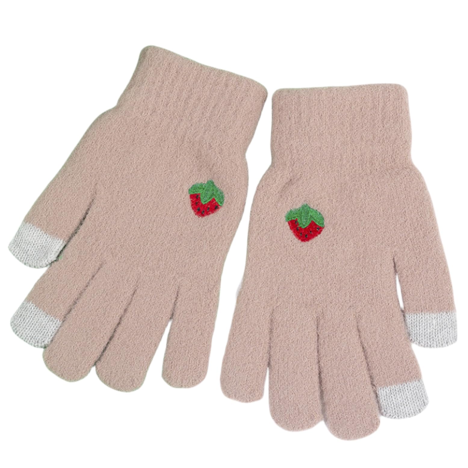 JINZIJINYU Touch screen gloves fruit embroidery winter cold protection student five-finger wool gloves - khaki strawberry