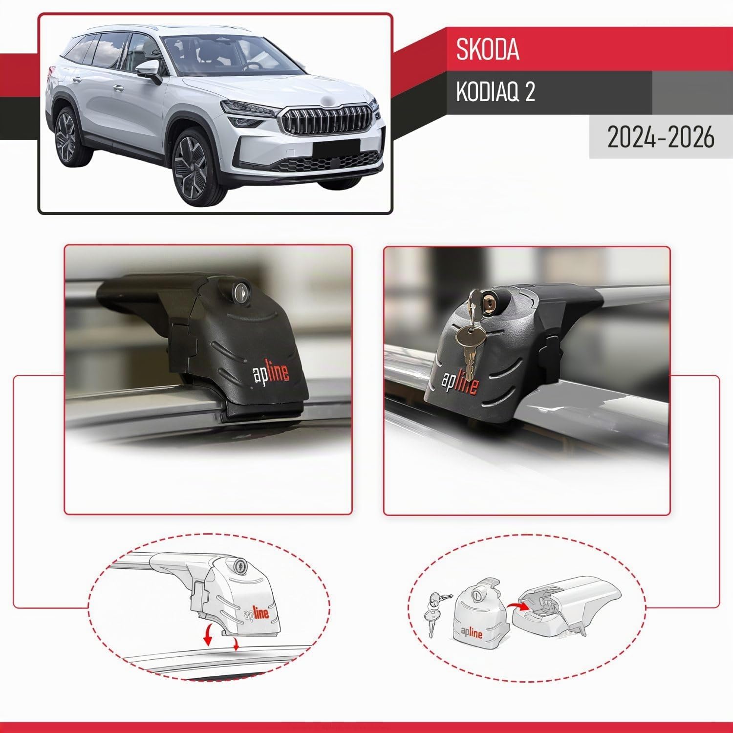 Compatible avec Skoda Kodiaq 2 2024-2025 ACE-2 Modèle Barres de Toit Railing Porte-Bagages de Voiture Aluminium Gris 2 Barres