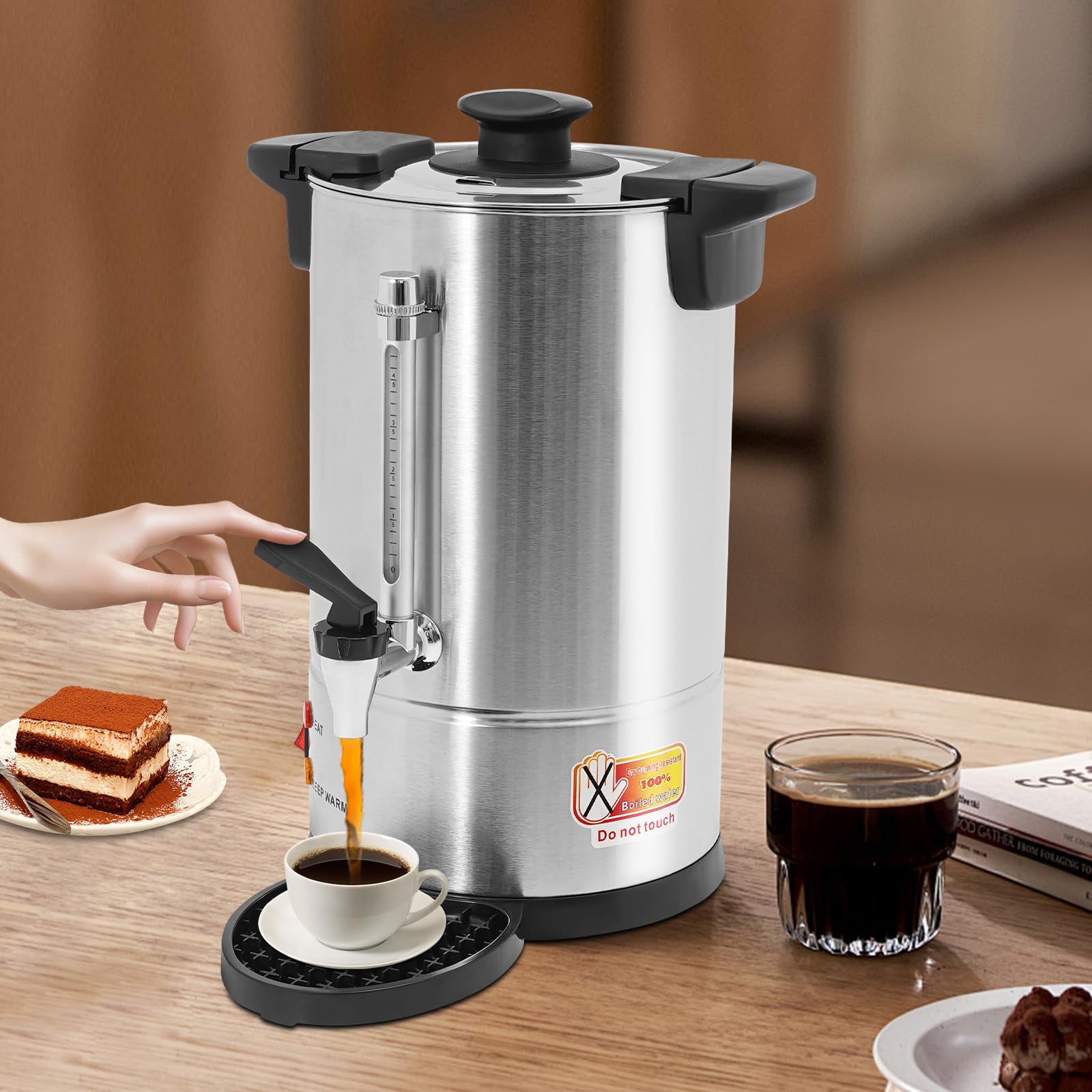 WsrrLun Commercial Electric Coffee Pot 950W Stainless Steel Coffee Maker Hot Water Dispenser with Drip Tray for Cafes Offices Gatherings, No Temp Control (Silver, 8L)