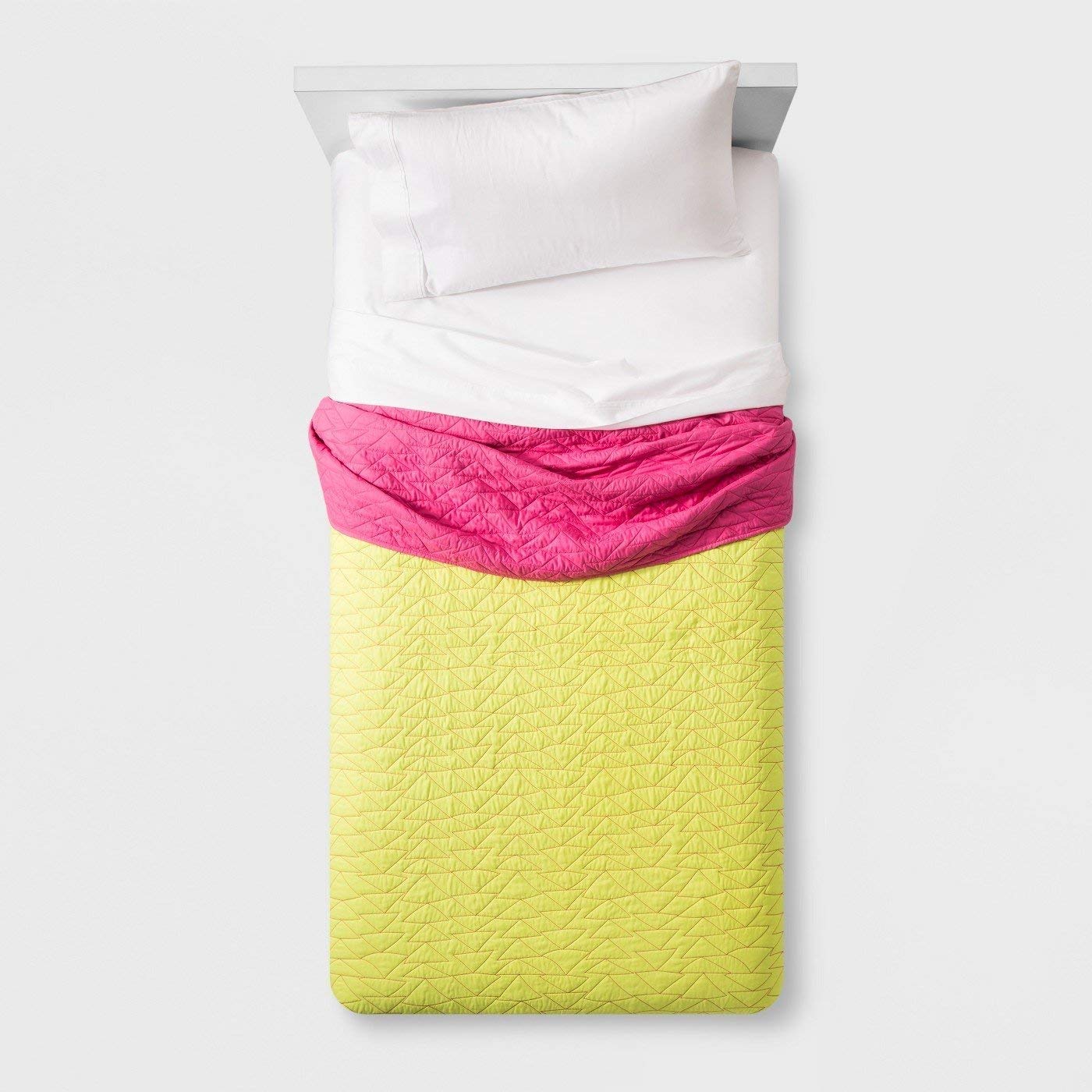 Pillowfort Kids Soft Reversible Quilted Triangle Stitch Quilt, Yellow Pink, Full/Queen