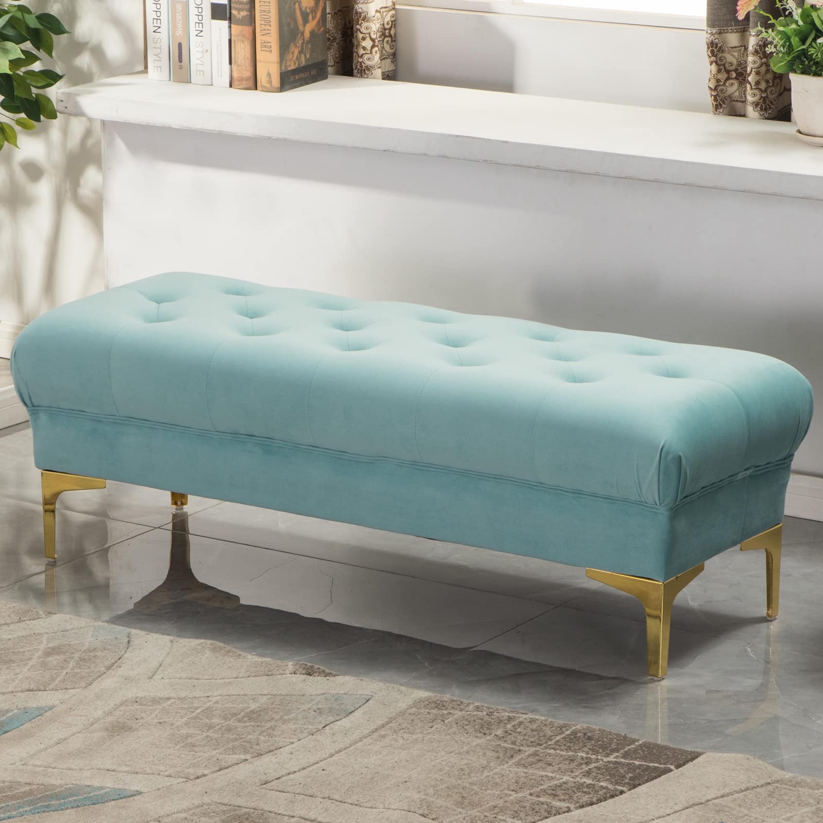 Banc de rangement velours bleu pour ranger l'entrée encombrée