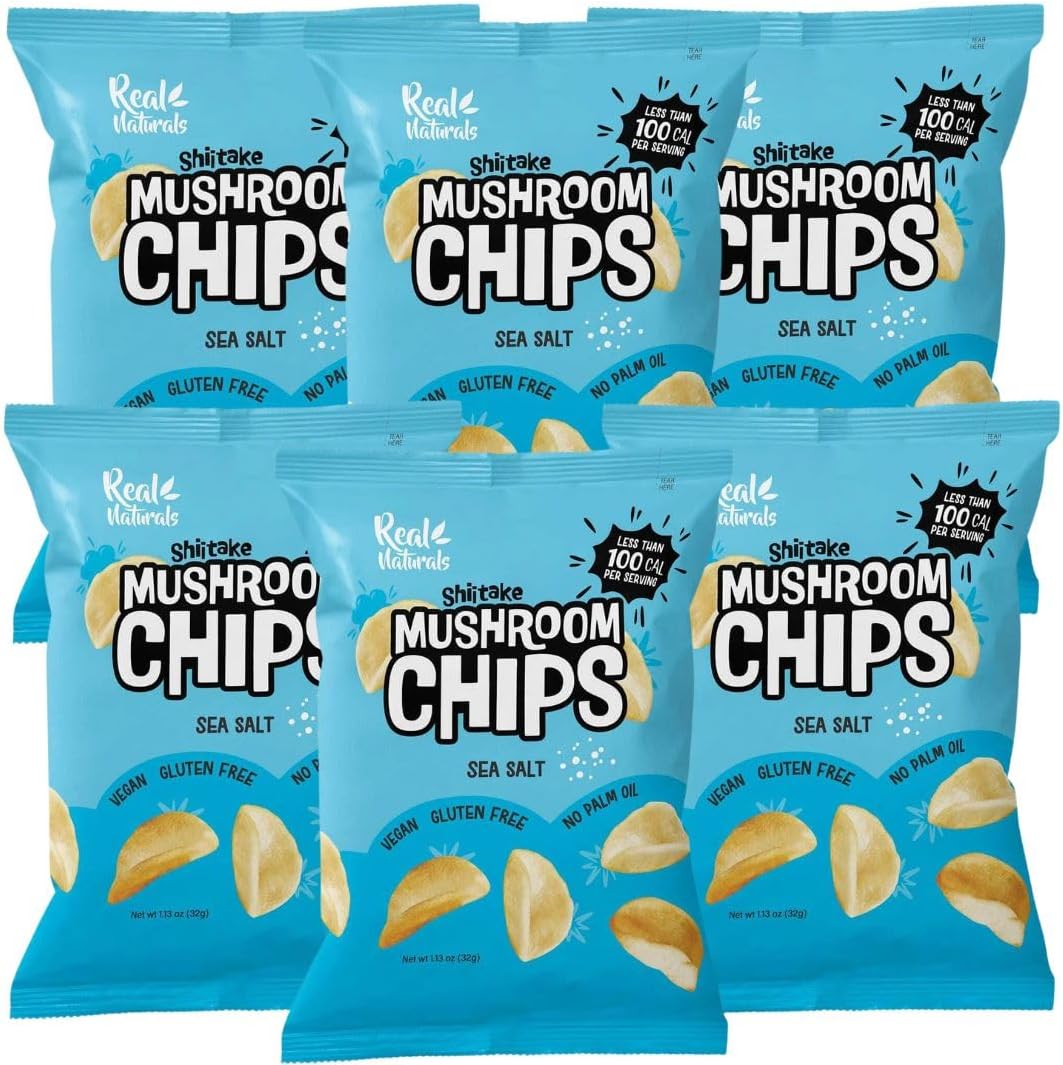 Shiitake Mushroom Chips - (6 pack) Vegan prawn crackers, Less than 100 calories, Gluten Free mushroom snack. Sea Salt flavour.