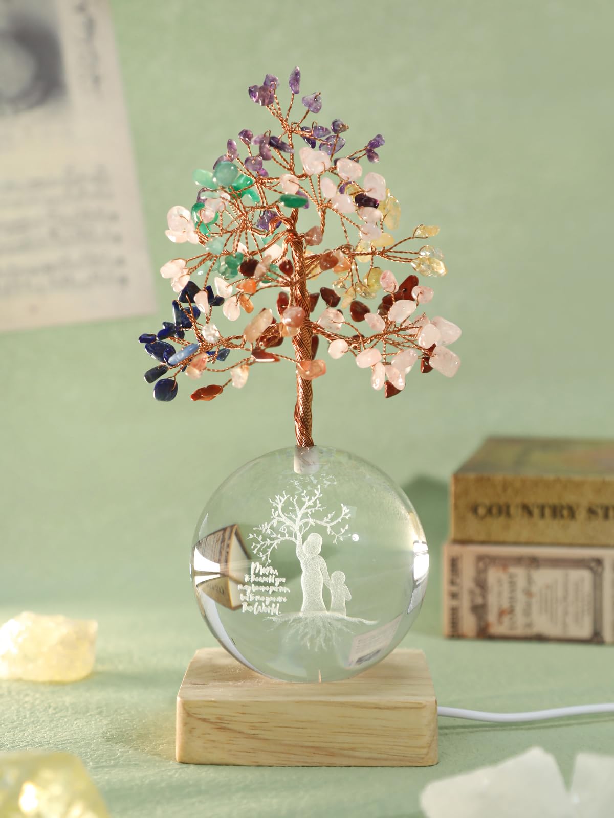 Chakra Tree Gift for Mom Women Birthday Mother’s Day, 3D Mom Kid Figurines Night Light Crystal Ball for Meditation Relaxation, Spiritual Tree Feng Shui Decor for Home Office Shelf Desk