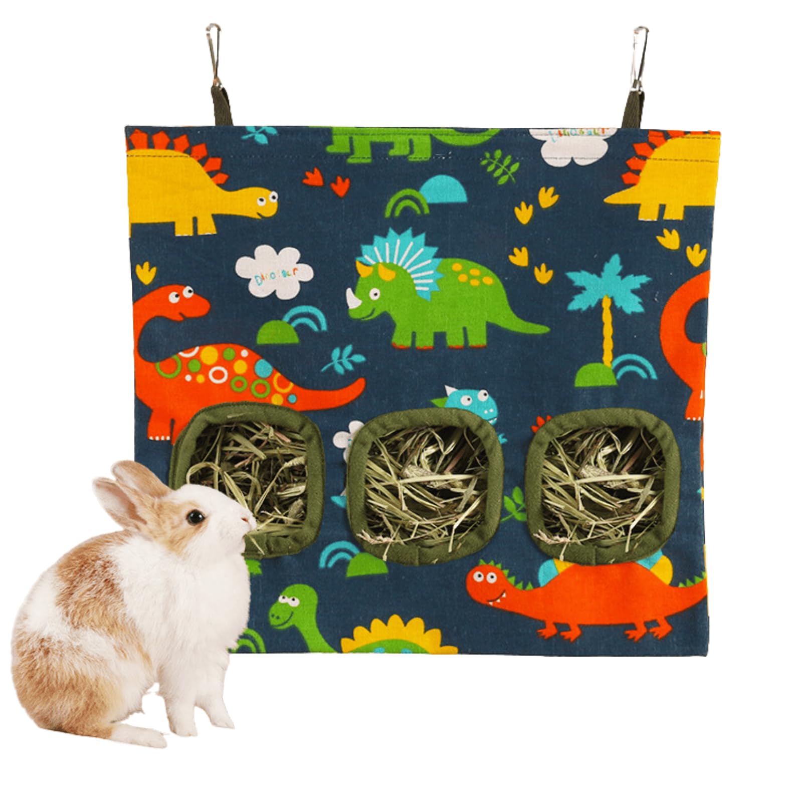Rabbit Hay Feeder Bag for Cage Guinea Pig Timothy Hay Dispenser Storage Manger Hanging Large Less Waste for Bunny Guinea Pig Chinchilla (Dinosaur,Medium)