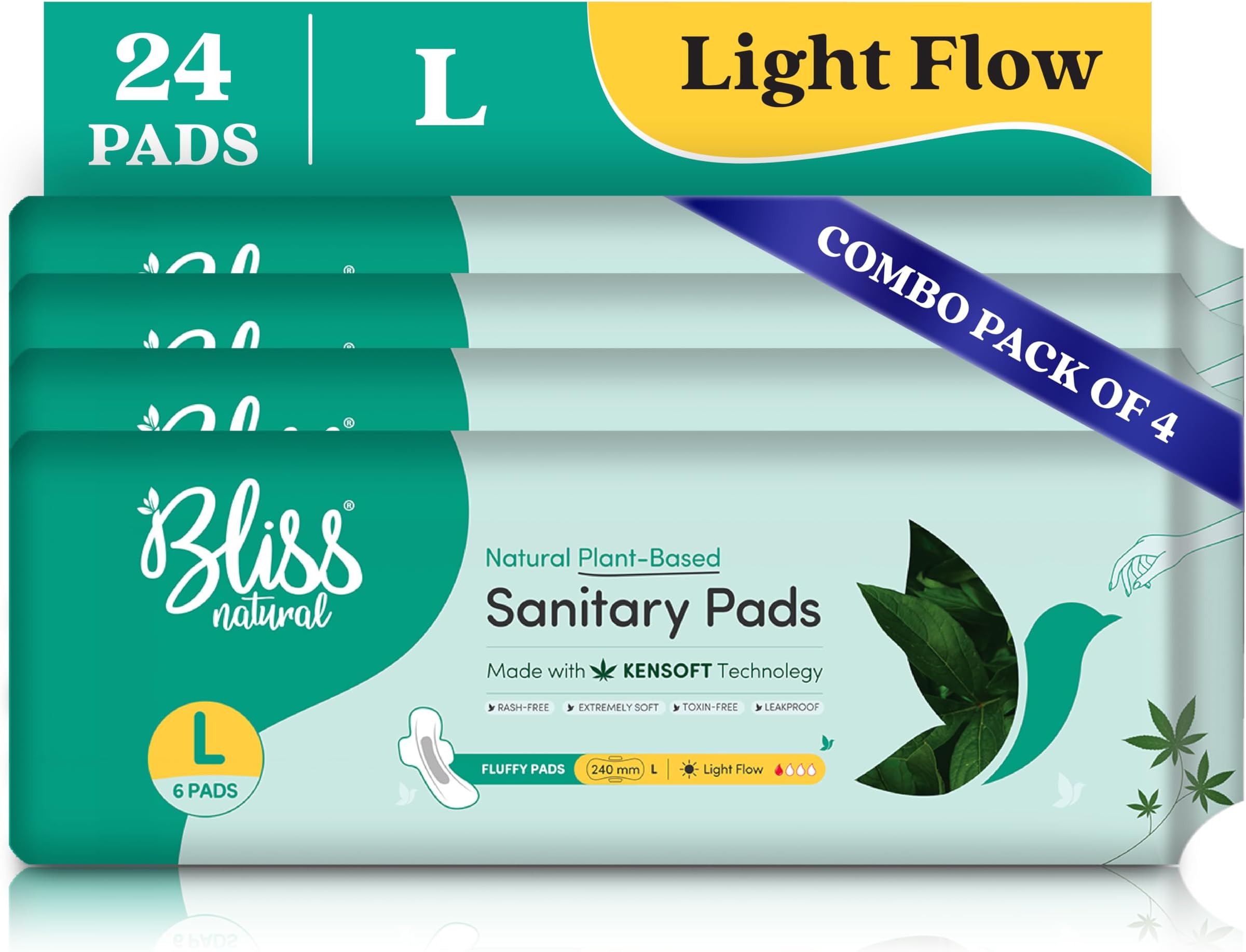 BLISSNATURAL Sanitary Pads For Women Pack Of 24 (L) Size Sanitary Napkins, For Light Flow | 3x Absorption and 100% Rash Free Sanitary Pads Combo Pack Of 4