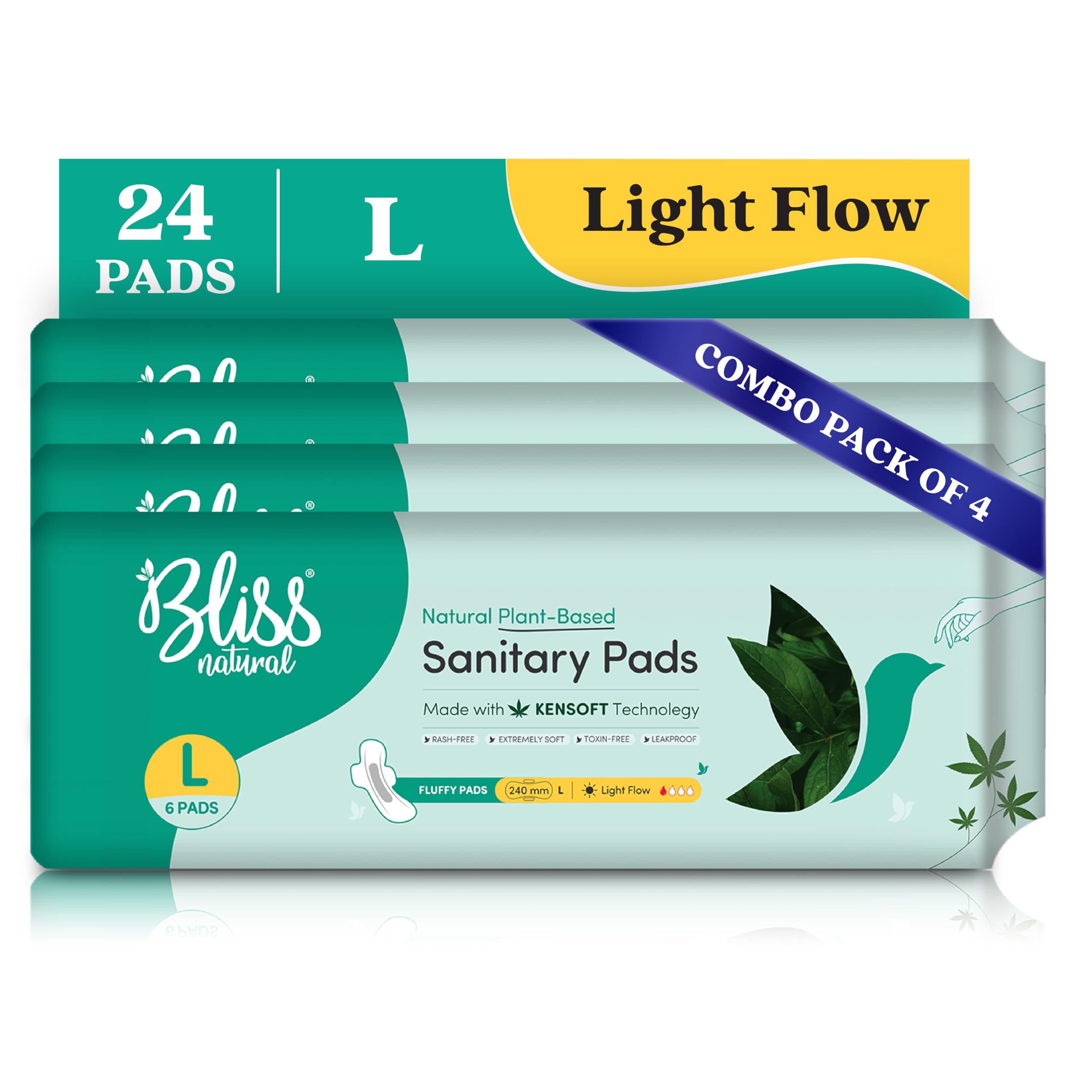 BLISSNATURAL Sanitary Pads For Women Pack Of 24 (L) Size Sanitary Napkins, For Light Flow | 3x Absorption and 100% Rash Free Sanitary Pads Combo Pack Of 4-image-22