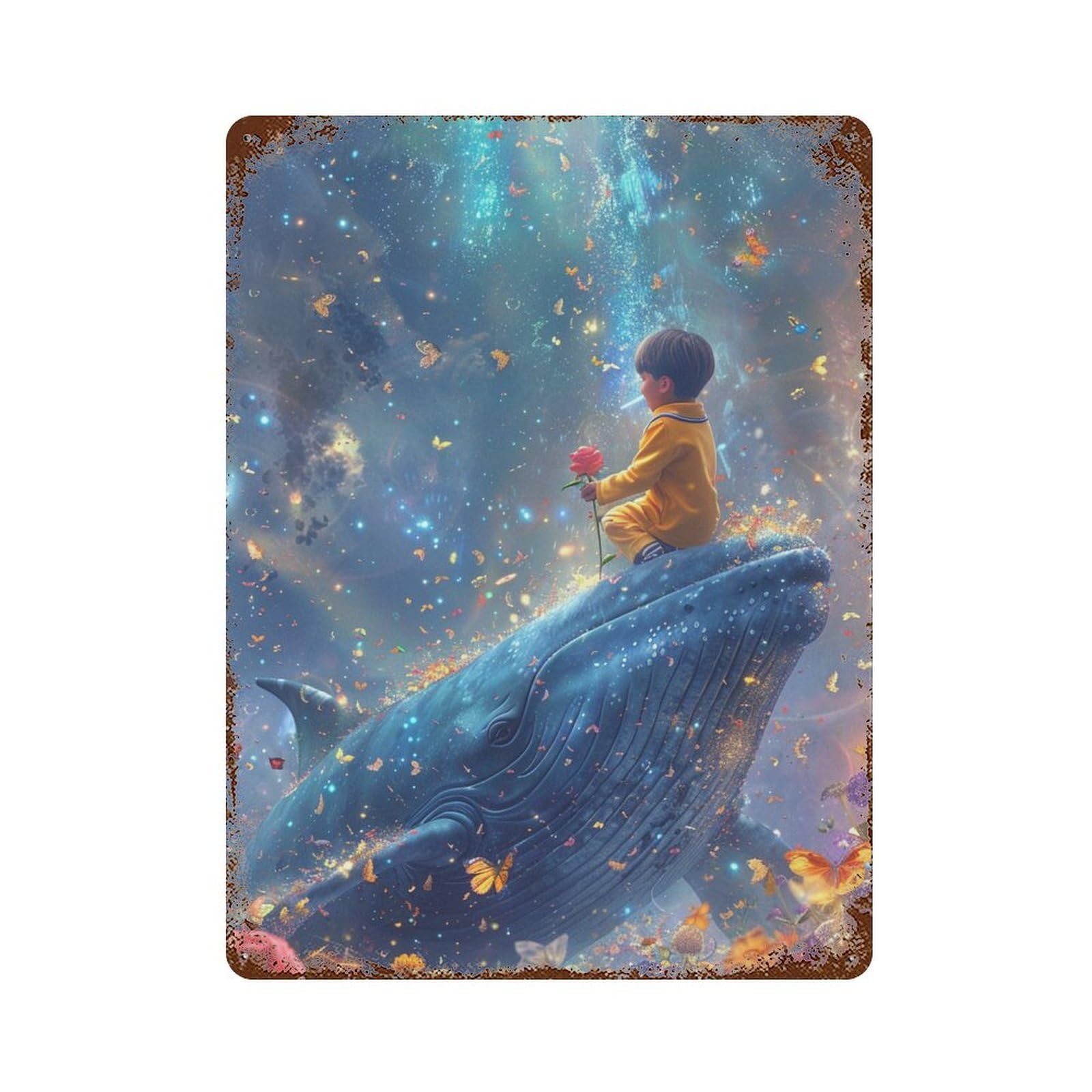 Garage Style Whale, Child, Flower, Fantasy, Sky Distressed Metal Wall Sign 15.7"x11.8", Classic Wall Plaque for Bar And Workshop