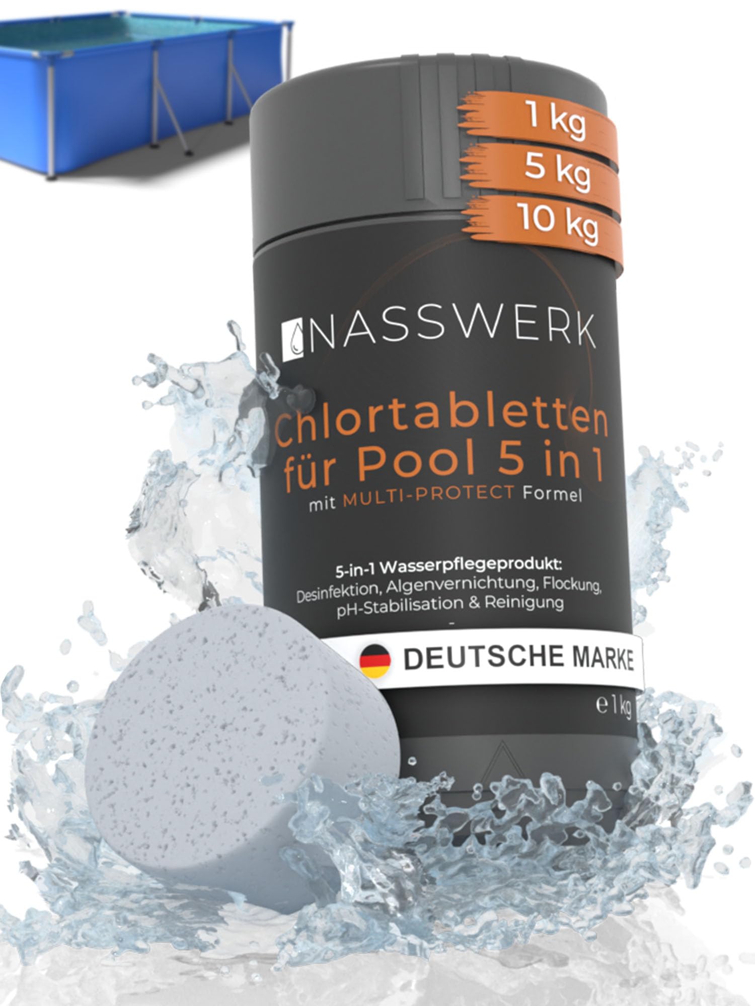 NASSWERK Multitabs Pool 5 in 1 (1kg) | 200g Pooltabs Multitabs 5 in 1 mit Chlor, Algizid, pH Stabilisator, Flockungsmittel & Reiniger | Langzeit Chlortabletten für Pool 5 in 1 für sauberes Poolwasser