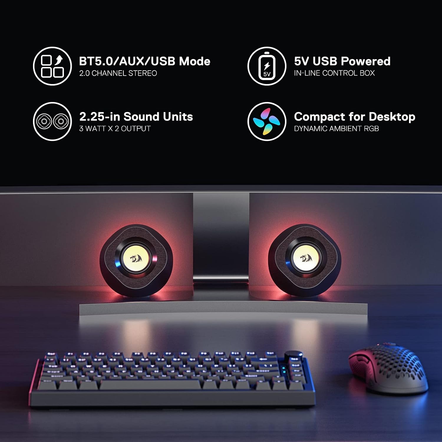 Redragon GS590 Wireless RGB Desktop Speakers, 2.0 PC Computer Stereo Speaker w/BT 5.0/AUX/USB Mode, Compact Size, Back Ambient RGB Backlight and Easy-Access in-line Control Box, USB Powered