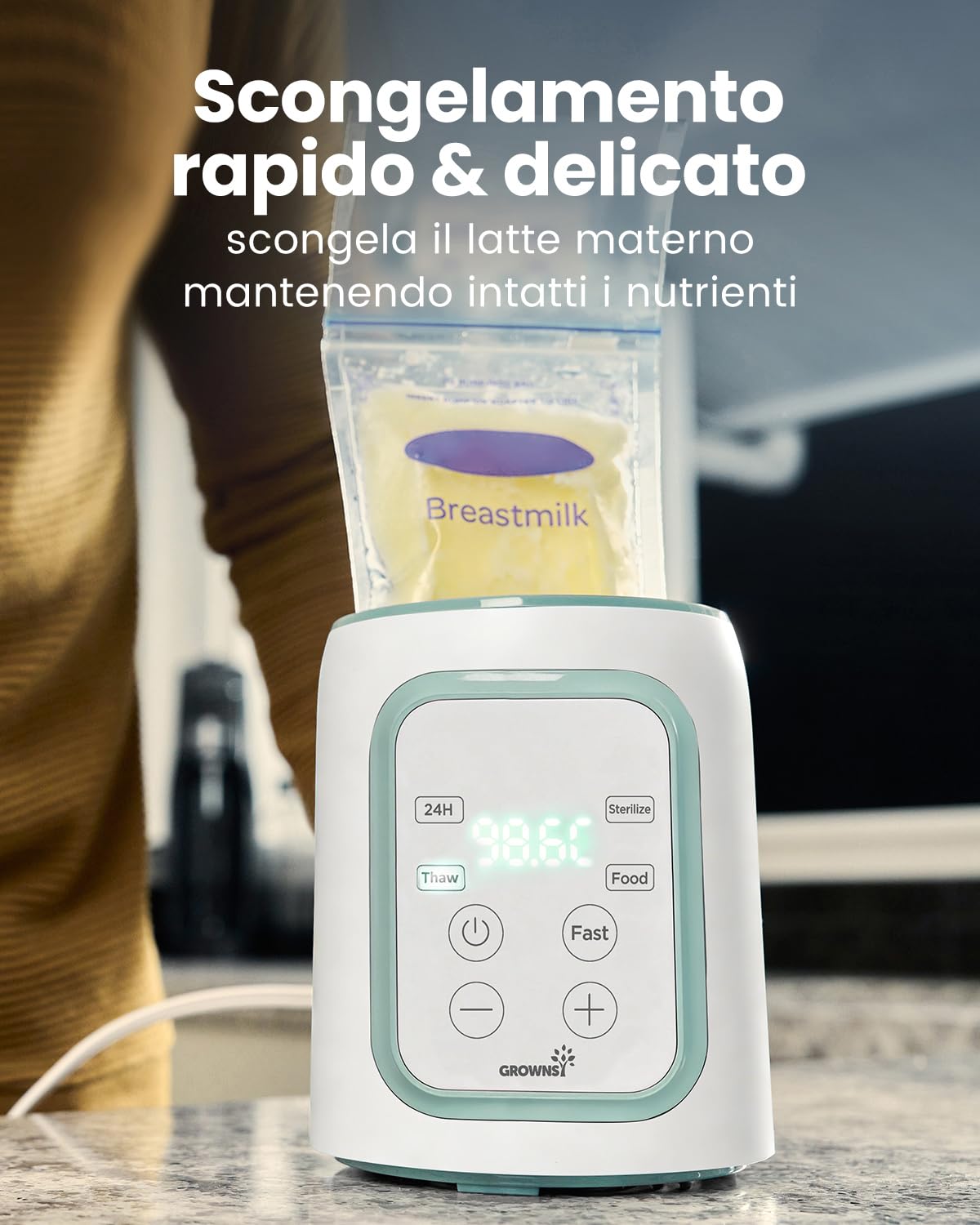 Grownsy Scaldabiberon 10-in-1 Veloce con Timer per Latte Materno o Formula, Controllo Preciso della Temperatura, Funzioni di Scongelamento, Sterilizzazione, Mantenimento Caldo e Riscaldamento Pappe
