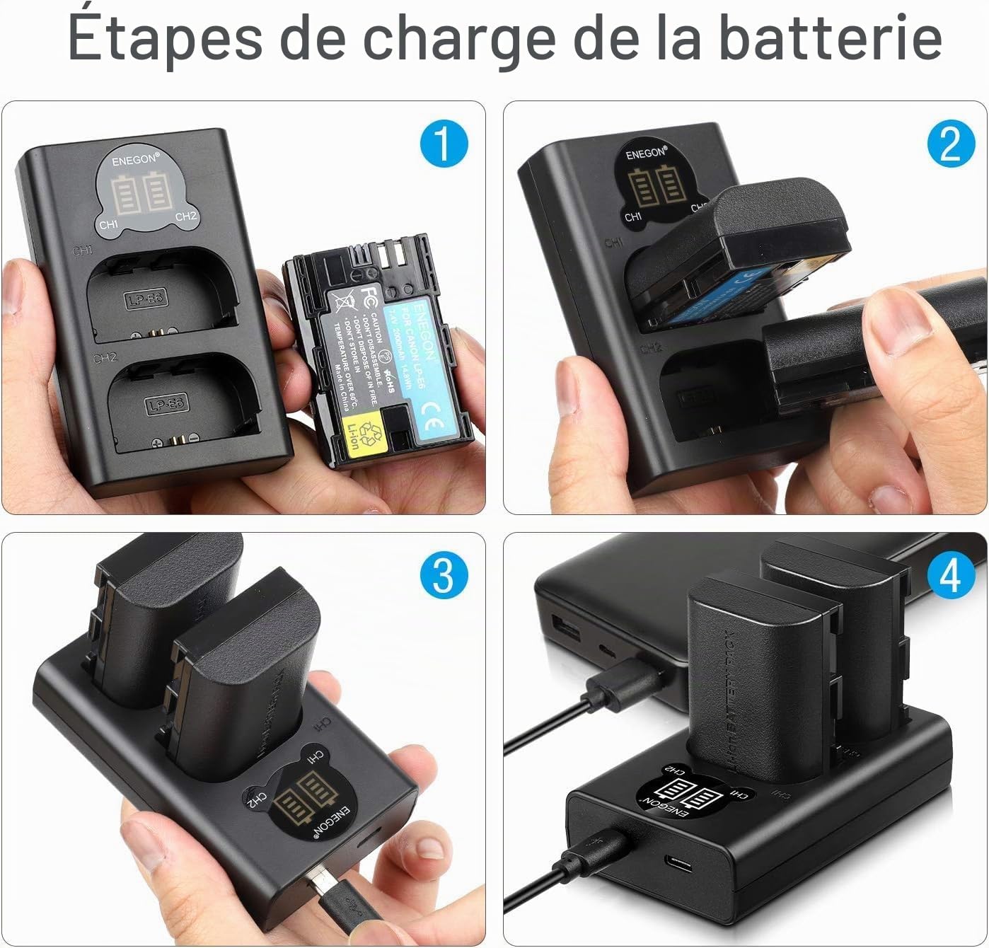 ENEGON LP-E6 Batterie de Rechange 2 Paquets et Chargeur Intelligent LED USB pour Canon LP-E6, LP-E6N and Canon EOS 5D Mark II III IV, 5DS, 5DS R, 6D, 7D, 7D Mark II, 60D, 70D 80D 90D Caméras et Plus