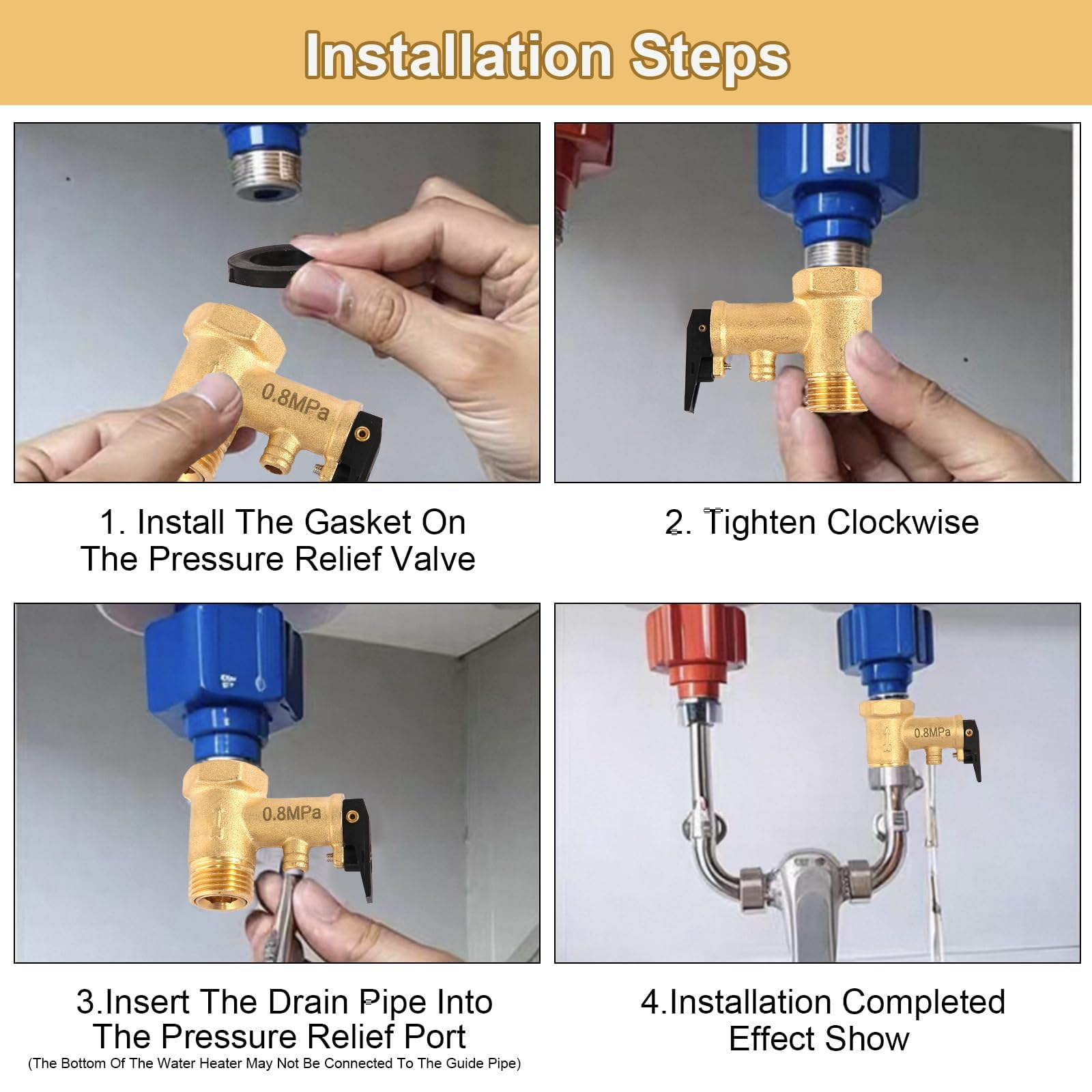 Soupape de Sécurité 1/2 Pouce, 0,8 MPa Soupape de Sécurité en Laiton avec Tuyau de Guide et Joint de 1M, 1/2" IG x 1/2" AG Chauffe-eau Valve de Surpression Non Retour