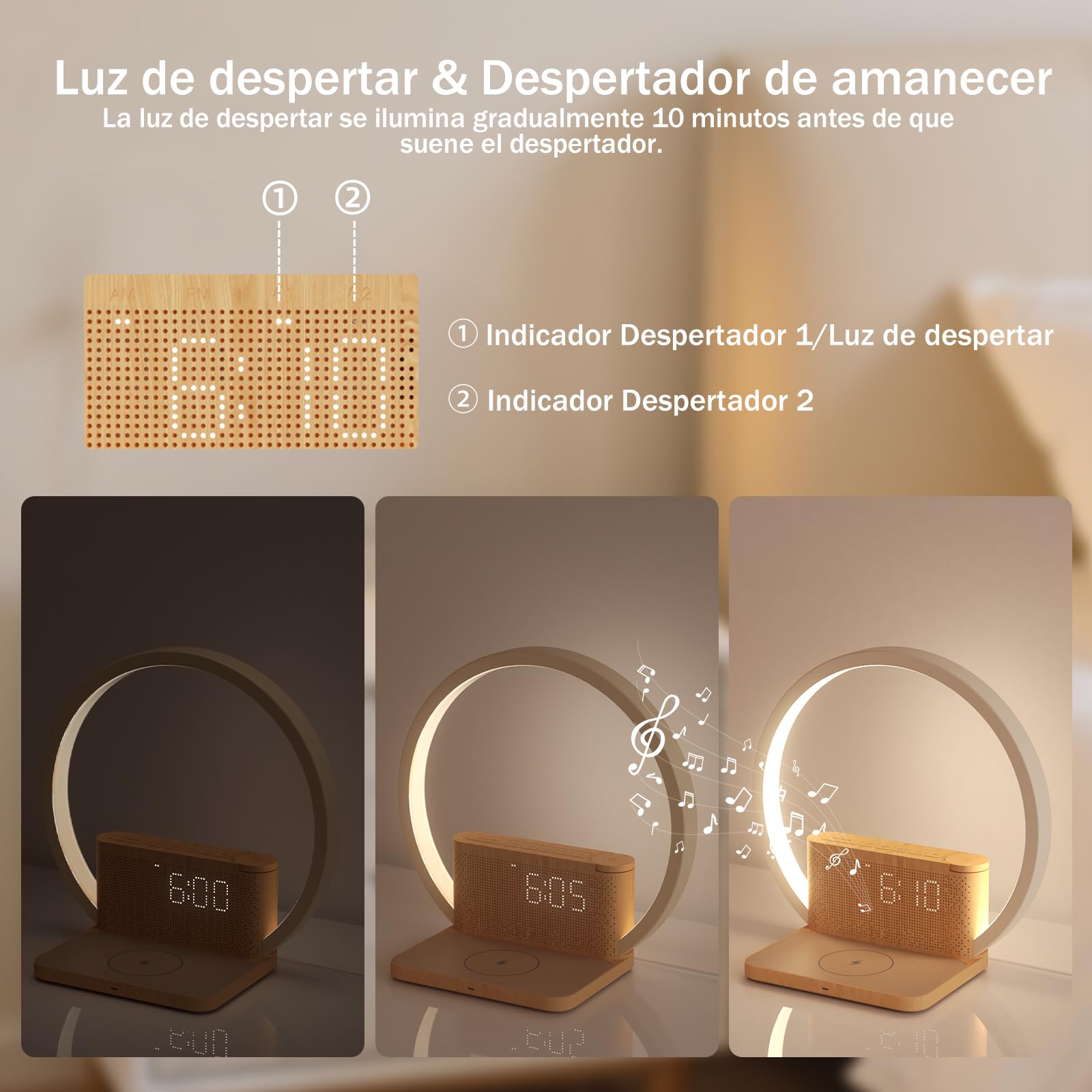 blonbar Lámpara de Mesita con Carga Inalámbrica y Despertador de Amanecer | Despertador con Luz,Regulador táctil 3 niveles de brillo,Sonidos Naturales,Snooze, apto para dormitorio y escritorio