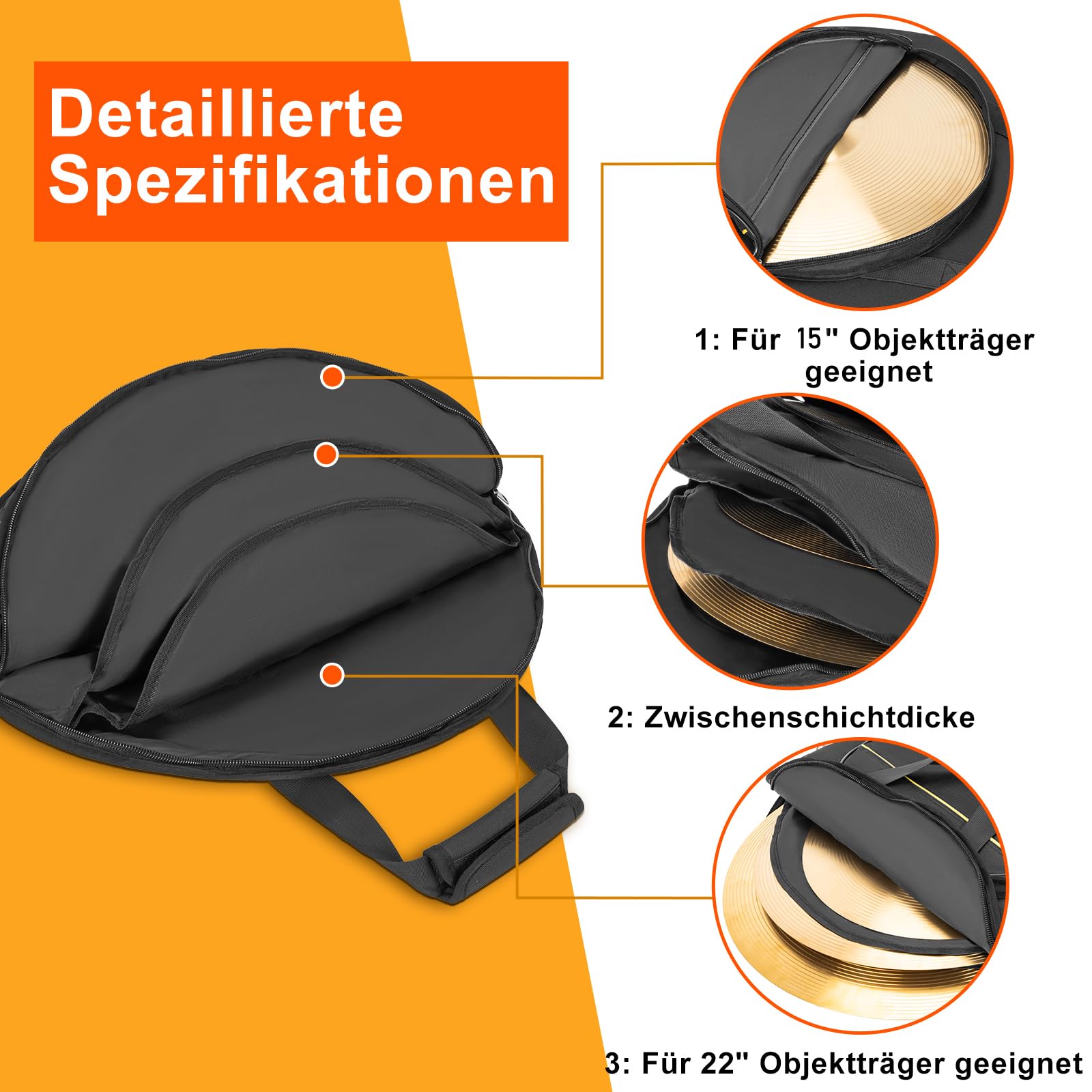 OUUTMEE Bolsa para platillos de 22" 600D impermeable, tejido Oxford Cymbalbag con divisor acolchado, espacio para 5 Raobao, bolsillo exterior de 15 pulgadas, con asa cómoda, color negro