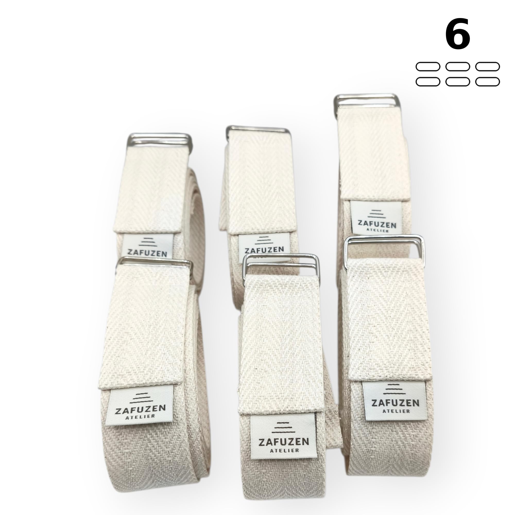 Set da 6 Cinghie Yoga Non Elastiche con Doppia Fibbia, 250 × 4 cm | Set da 6 cinghie in cotone biologico, nastro spesso e doppia fibbia metallica. Per yoga e stretching. Prodotte in Spagna.