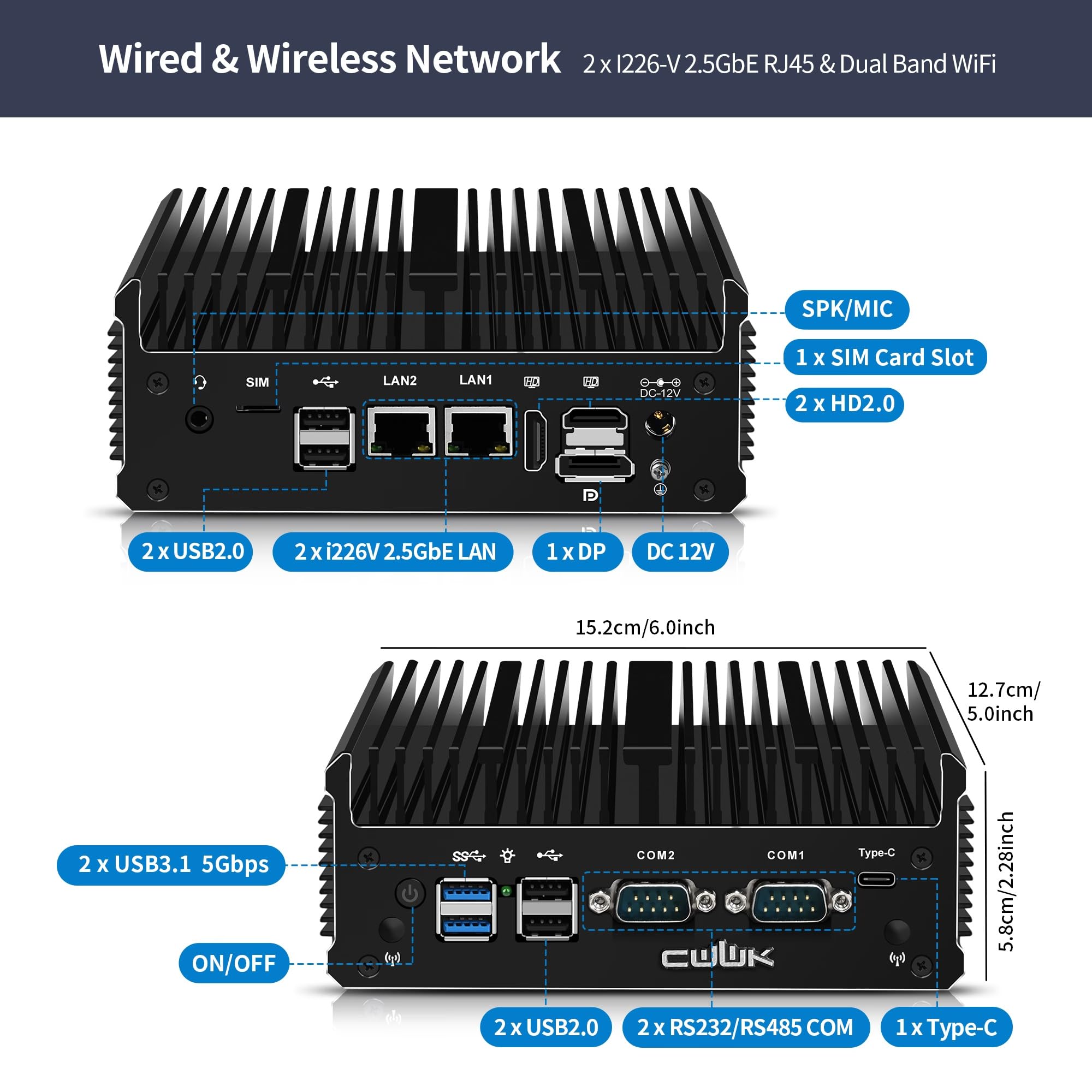 CWWK Mini PC Fanless, Celeron J6412 Industrial Mini Computer mit 2 x COM RS232/RS485 Ports, 2 x i226-V 2.5GbE LAN, C1 Micro PC Barebone ohne RAM/SSD/OS, 3-Display, USB-C, WiFi/BT