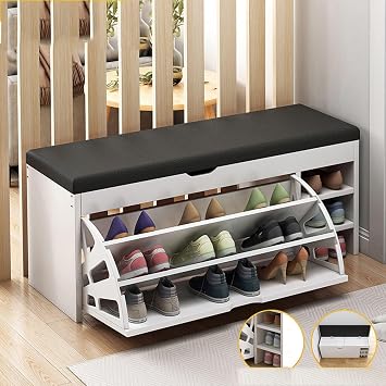 Entryway Shoe Cabinet, Wooden Freestanding Shoe Rack with Top Storage Cubby, Hidden Drawer & Open Shelves, Ideal for Hallway, Living Room, Apartment - White
