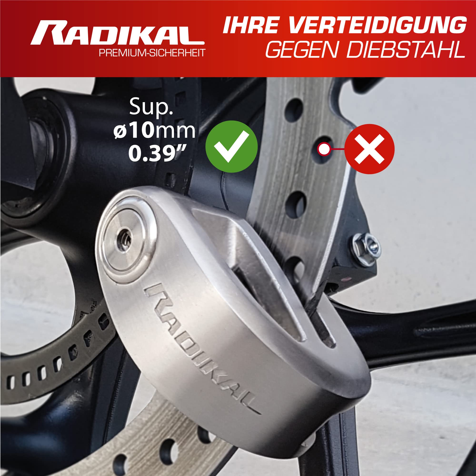 RADIKAL RK310S Bremsscheibenschloss Motorrad, Schließbolzen ø10, mit SRA Zulassung, polierter Edelstahl