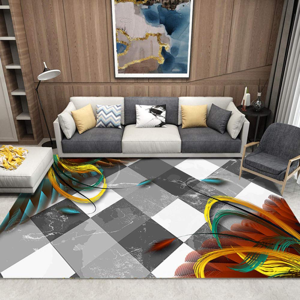 Tapis antidérapant salon sécurisé motif plume carré blanc gris noir