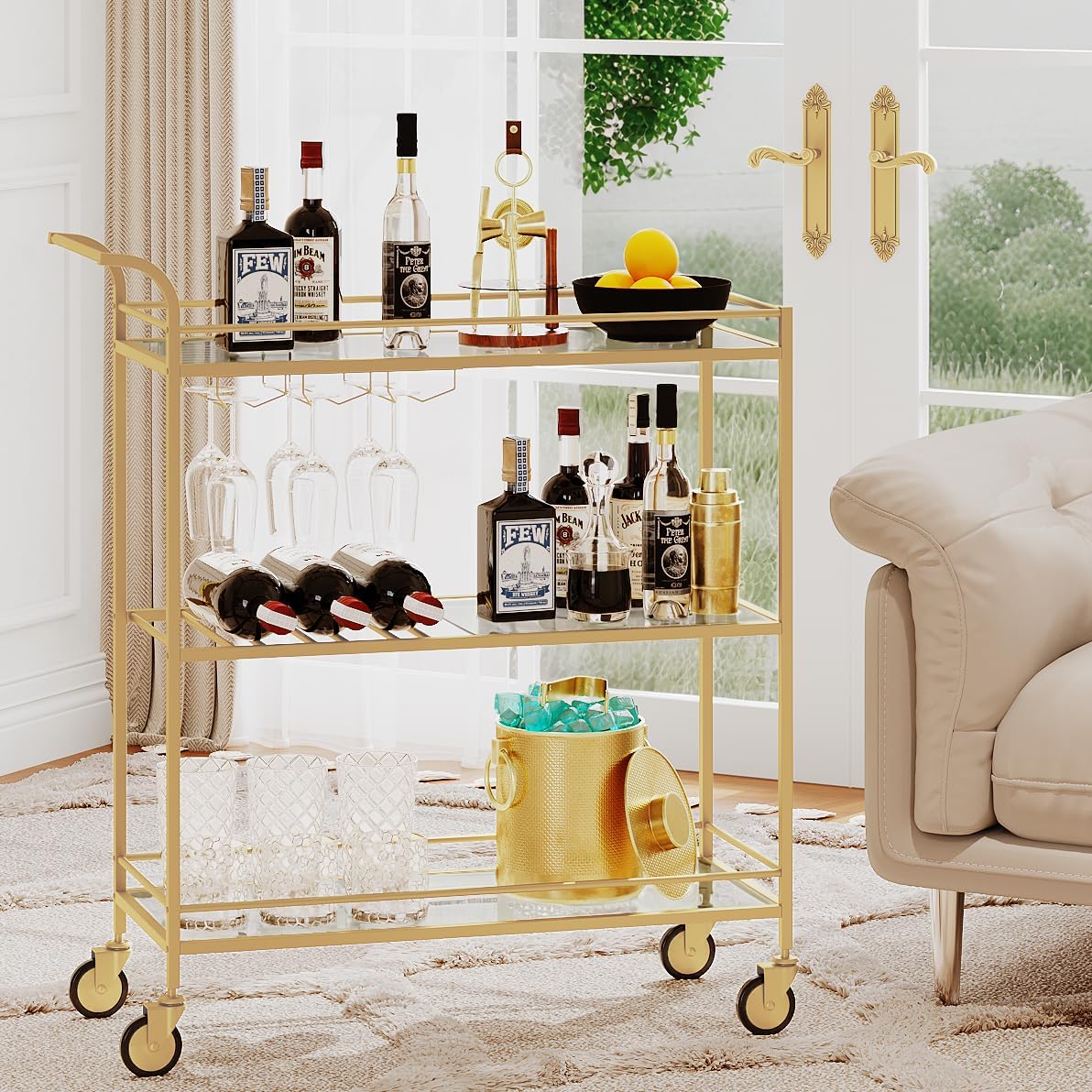gold bar cart, home bar serving cart with handle, wine cart with 3-tier glass shelves, beverage cart with wine rack and glass holder, bar carts for the home, dining room, living room 3 tier gold-31.5"w