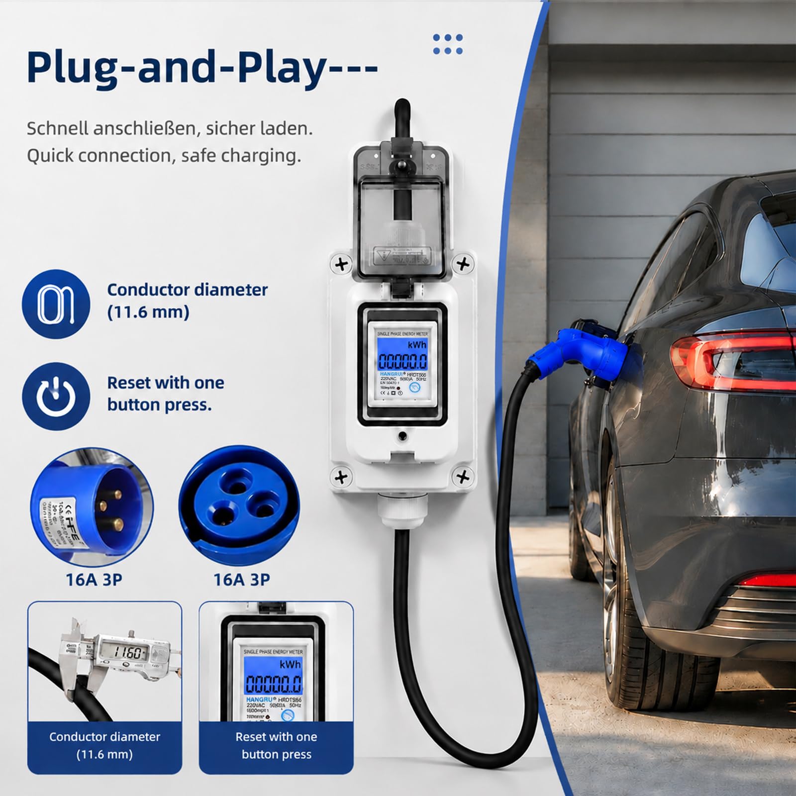 16A Mobiler Stromzähler, Stromzähler 3 Phasen, tromverbrauchsmesser mit KWH Zwischenzähler LED Reset für Elektrofahrzeuge Wohnmobile Haushalte