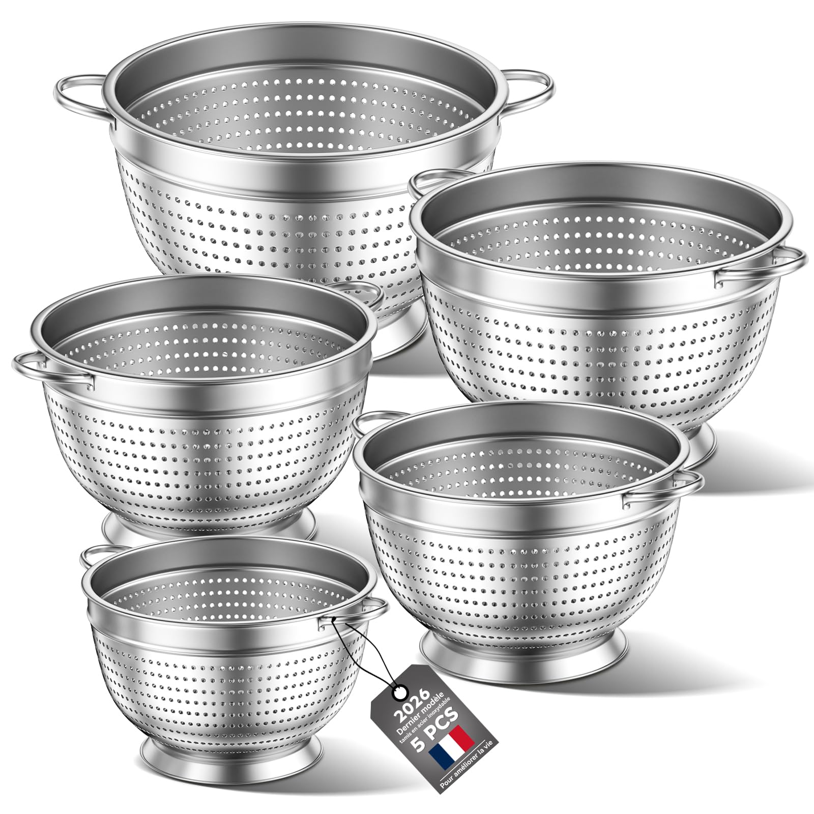 5 Pièces Passoire Inox Tamis Cuisine, 20/24/26/28/30 cm Passoire-égouttoir métallique pour évier avec poignée – Passoires à mailles fines pour le lavage des pâtes, légumes, fruits et (Cinq paquets)