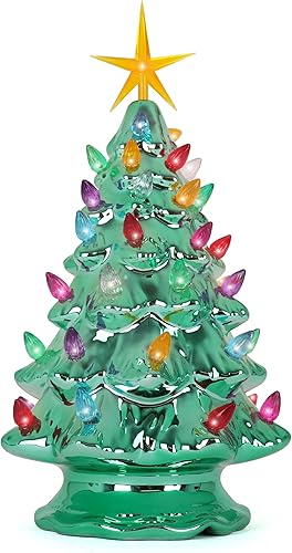 Milltown Merchants Árbol de Navidad de cerámica, mesa con luces (11.5 pulgadas, perla esmeralda / luces multicolores) iluminado vintage