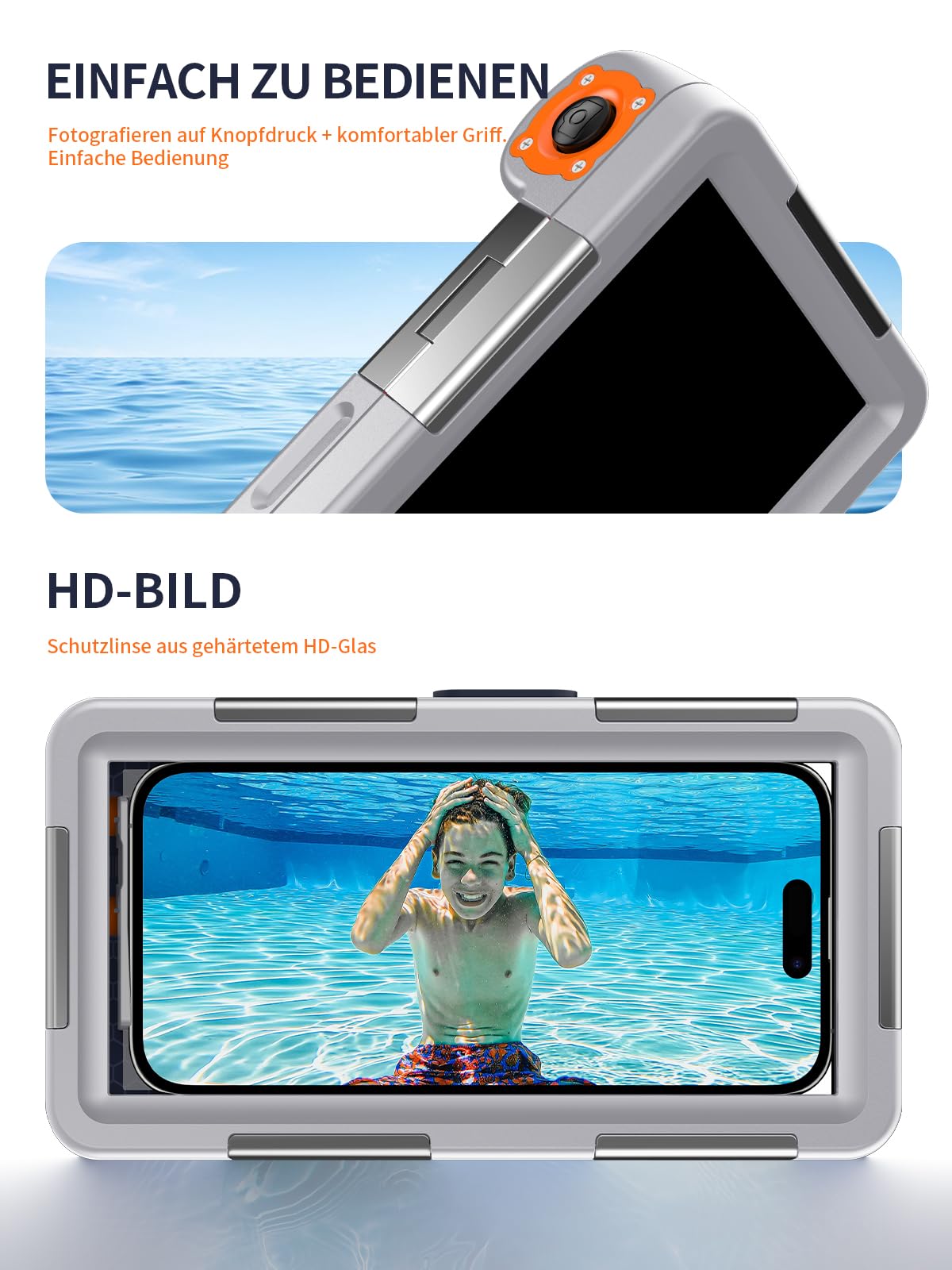 Lanhiem Wasserdicht Handyhülle IP68 Universelle Tauchen Professionelle Handy Unterwasser Hülle Wasserfeste tief 15M für iPhone Samsung Huawei Xiaomi Schnorcheln Surfen Case, Grey-Orange