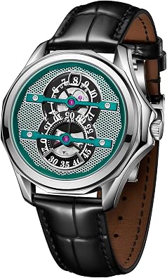 OBLVLO JUMPHOUR Mens Watch Black Leather Stainless Steel Case Double Sub-dial Automatic Mechanical WristWatches for Men JH