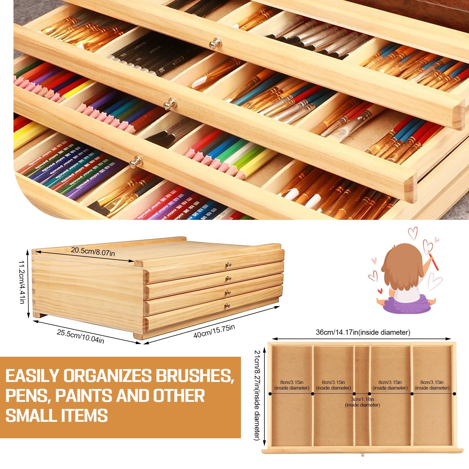 Boîte de rangement en pin de grande capacité avec 2 tiroirs et compartiments pour fournitures artistiques, pinceaux, crayons et pastels