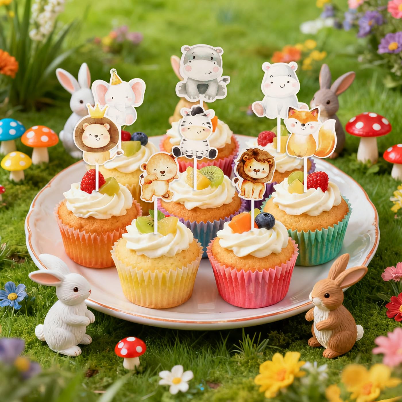 Wznnlt 34Pcs Jungle Safari Animal Cake Toppers Animal Cake Decorations for Kids Wild One Cake Topper Baby Shower Celebration Events - Image 3