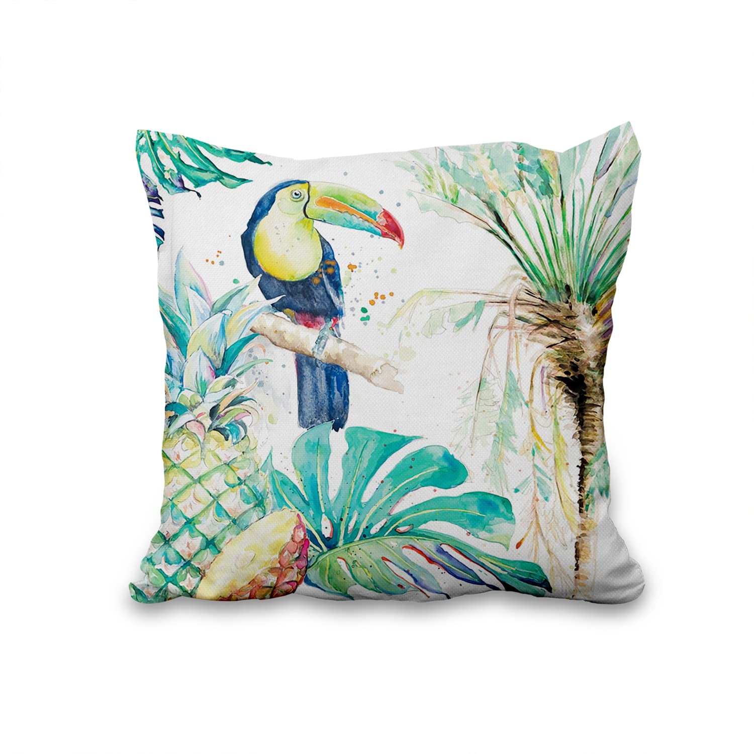 Federa Per Cuscino Quadrata 45x45 Cm Con Stampa Di Colibrì Ad Acquerello. In Misto Lino E Cotone, Con Cerniera. Per Divano, Letto E Arredo Casa.