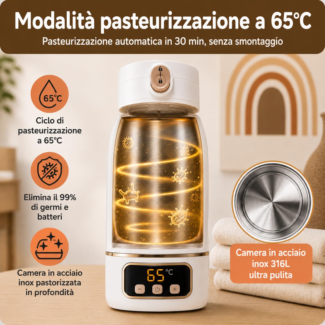 Scaldabiberon Portatile Senza Fili 500ml, Acciaio Inox, Temperatura Regolabile 35-55°C, Acqua e Latte Materno, Viaggio/Auto/Notte, Spazzolino Incluso, Design Dorato Premium