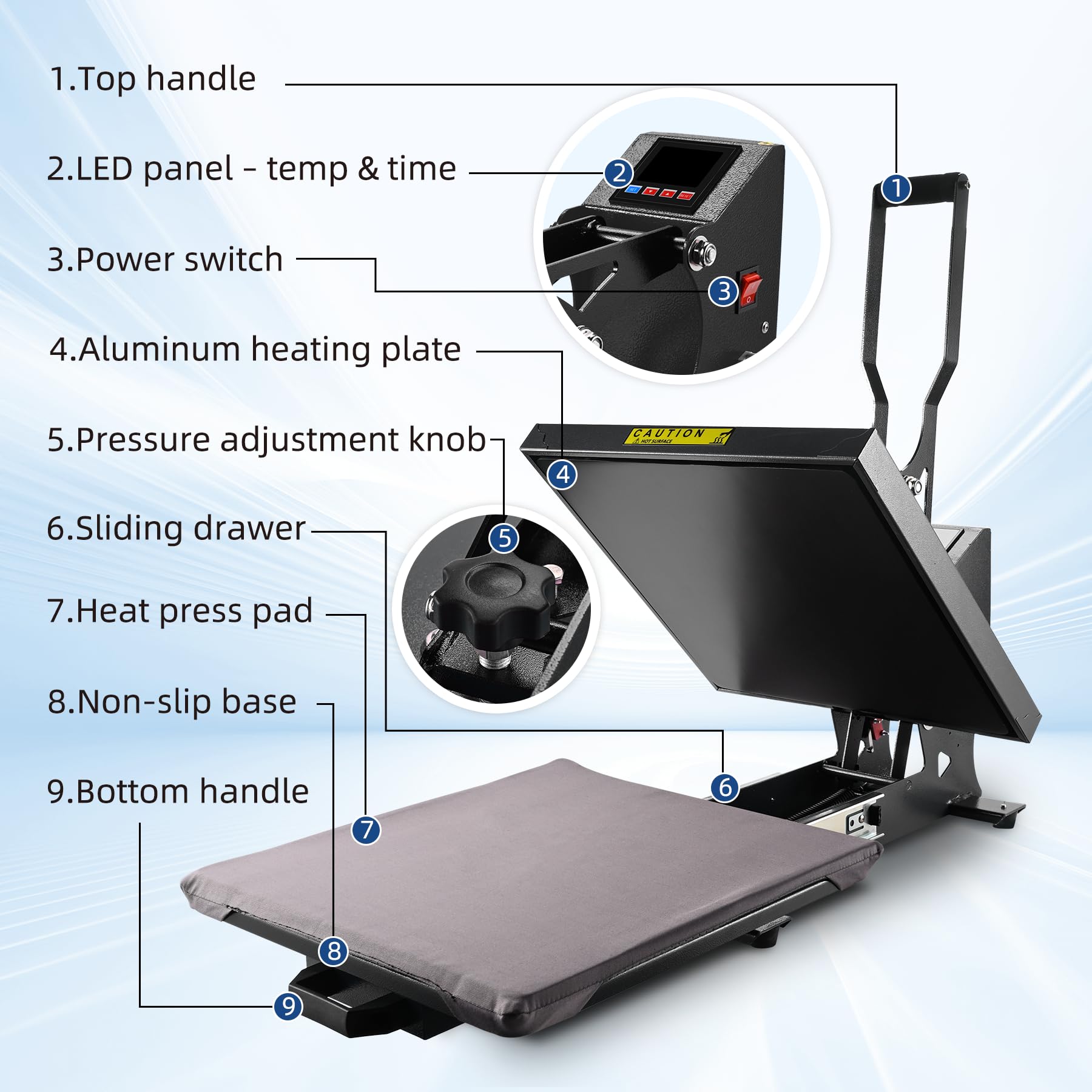 Presse à chaud 1600W Pour T-Shirts,Machine Impression Textile 38x38cm avec Affichage LED, DIY Presse de Transfert Chauffage Rapide Sublimation Pour Vêtements,Sacs