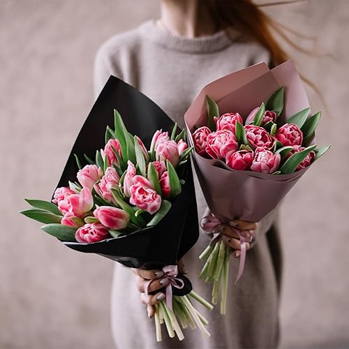 Miniatura 7 de MECCANIXITY 20 piezas de papel de regalo de flores con borde dorado, rosa rosa de 22.8 x 22.8 pulgadas, impermeable, para suministros de ramo de