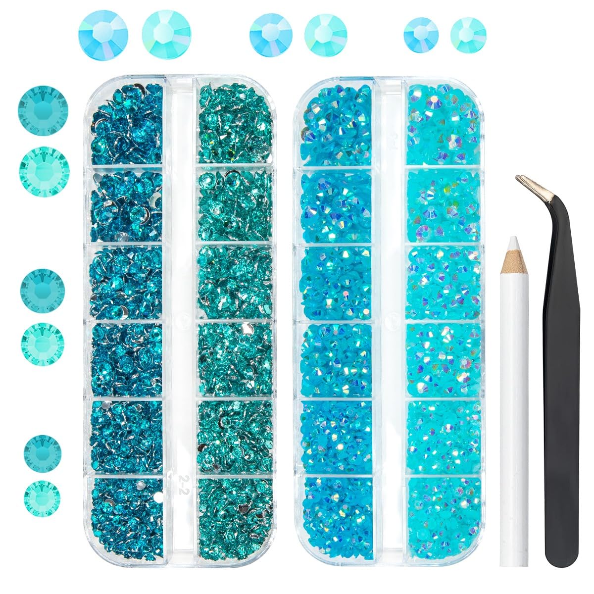 qiipii Blue Resin Rhinestones Bulk for Crafting 3mm 4mm 5mm Flatback Crystal Stones Non-Hotfix Aquamarine Blue Teal Blue Gems Diamonds Charms Supplies