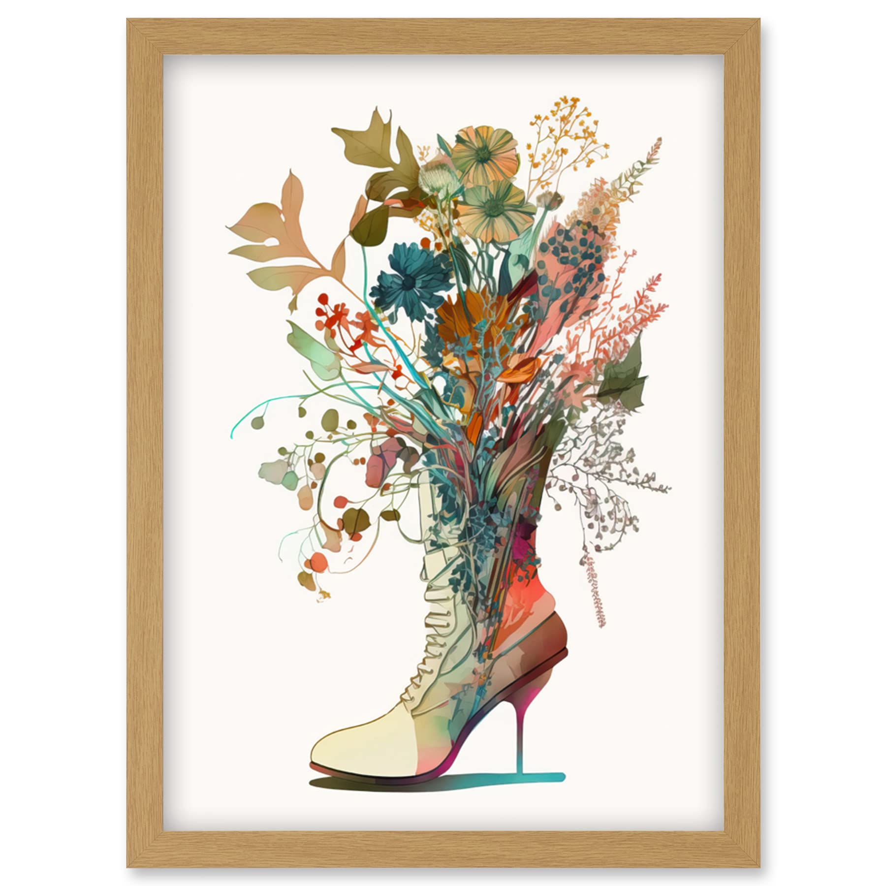 Artery8 Wildflower Bouquet in a Stiletto Heel Combat Boot Artwork Framed Wall Art Print A4