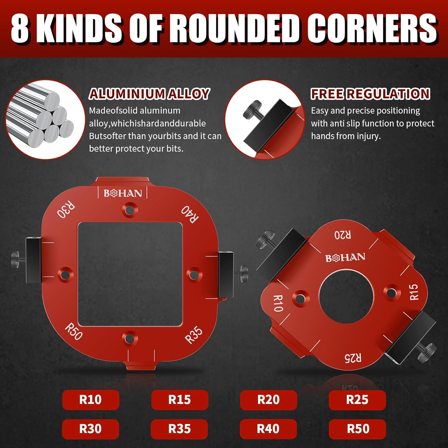 2 Pcs Round Corner Radius Template, Radius Jig Router Template with Trimming Cutter, Aluminum Alloy 4 in 1 Arc Angle Positioning Template R10 R15 R20 R25 R30 R35 R40 R50