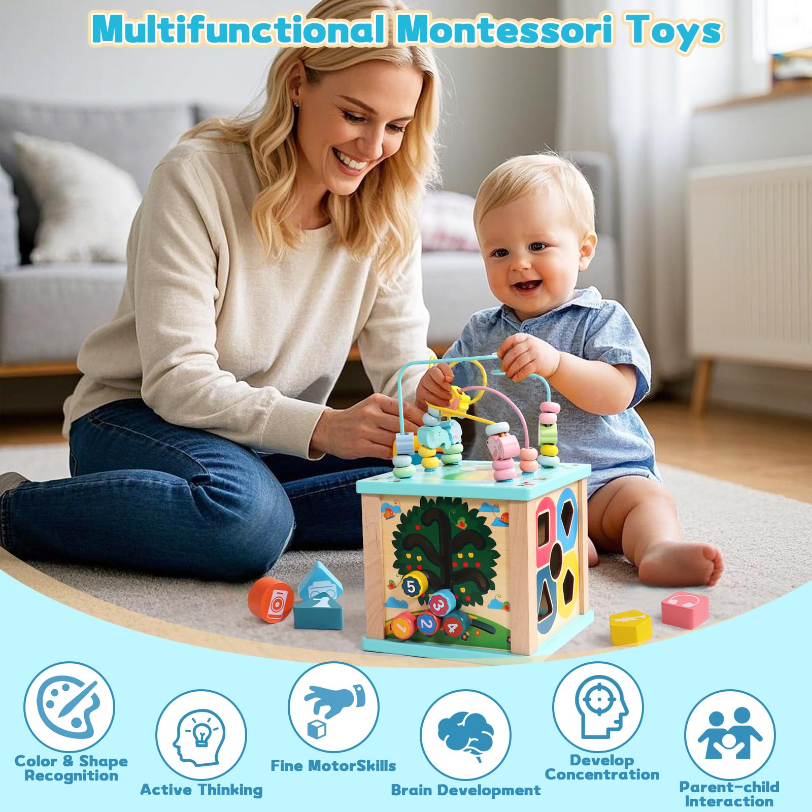 Fajiabao Motorikwürfel 5 in 1 Aktivitätswürfel Baby Holzspielzeug, Montessori Spielzeug ab 1 Jahr, Activity Center Baby 18 Monate Lernspielzeug Geschenk für Kinder Jungen Mädchen