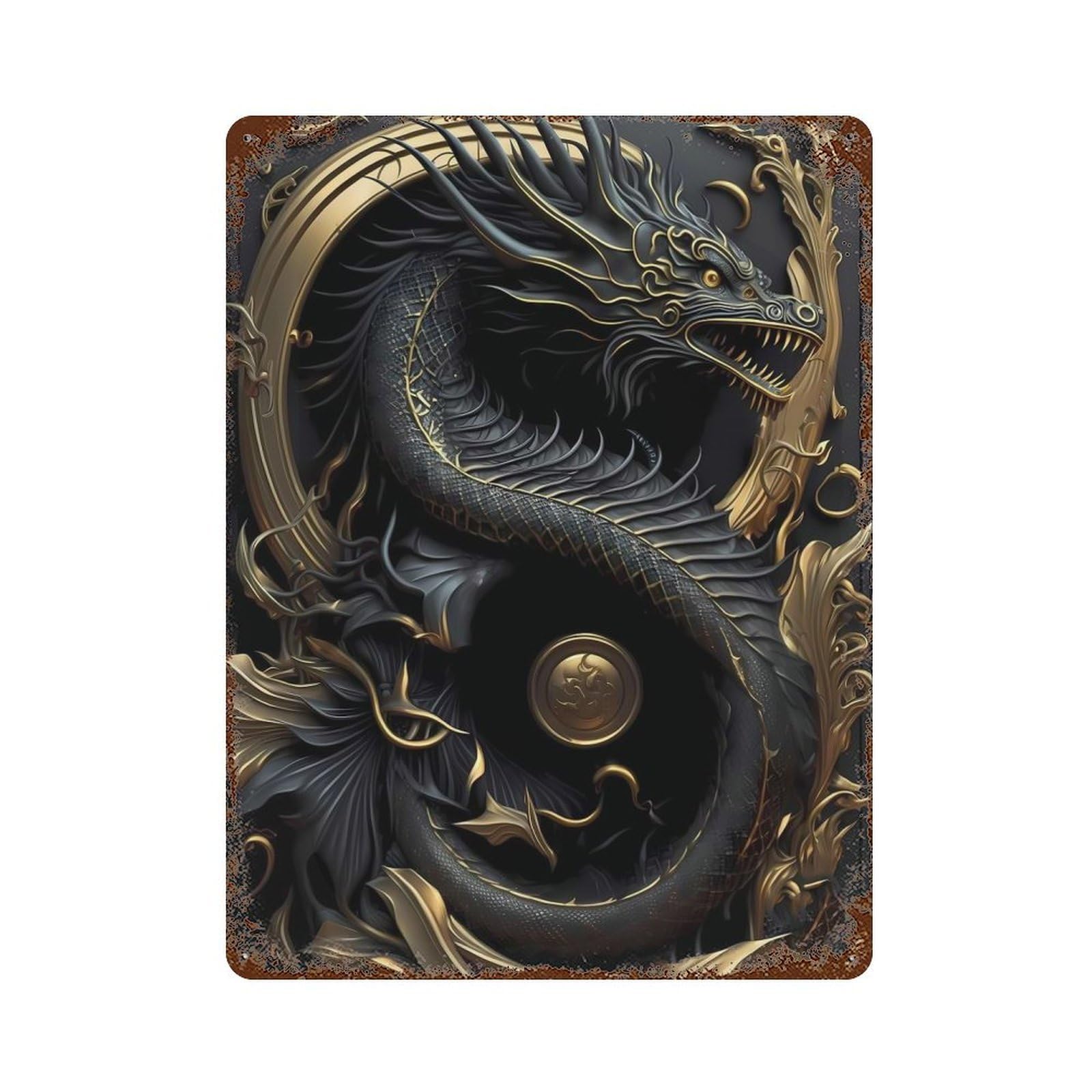 Decorative Tin Sign with Golden Dragon Emperor Design 15.7"x11.8", for Basement, Hobby Room And Garage Decor, Farmhouse Wall Decor