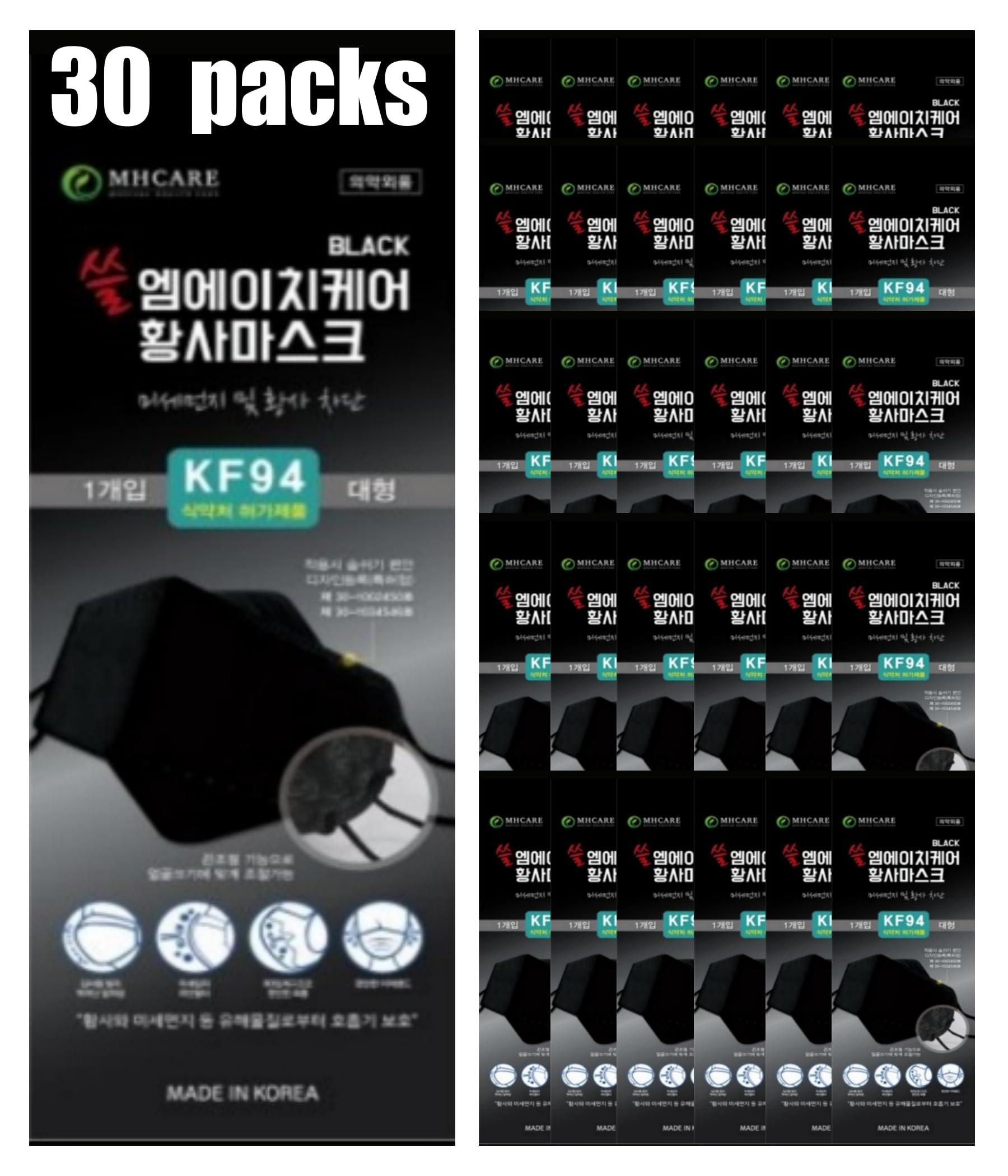 (Pack of 30) Korea Black Disposable KF94- Face Mask, Unisex, 4-Layer Filters Breathable Comfortable, Adjustable Strap, Nose Mouth Covering Dust Mask Made in Korea.