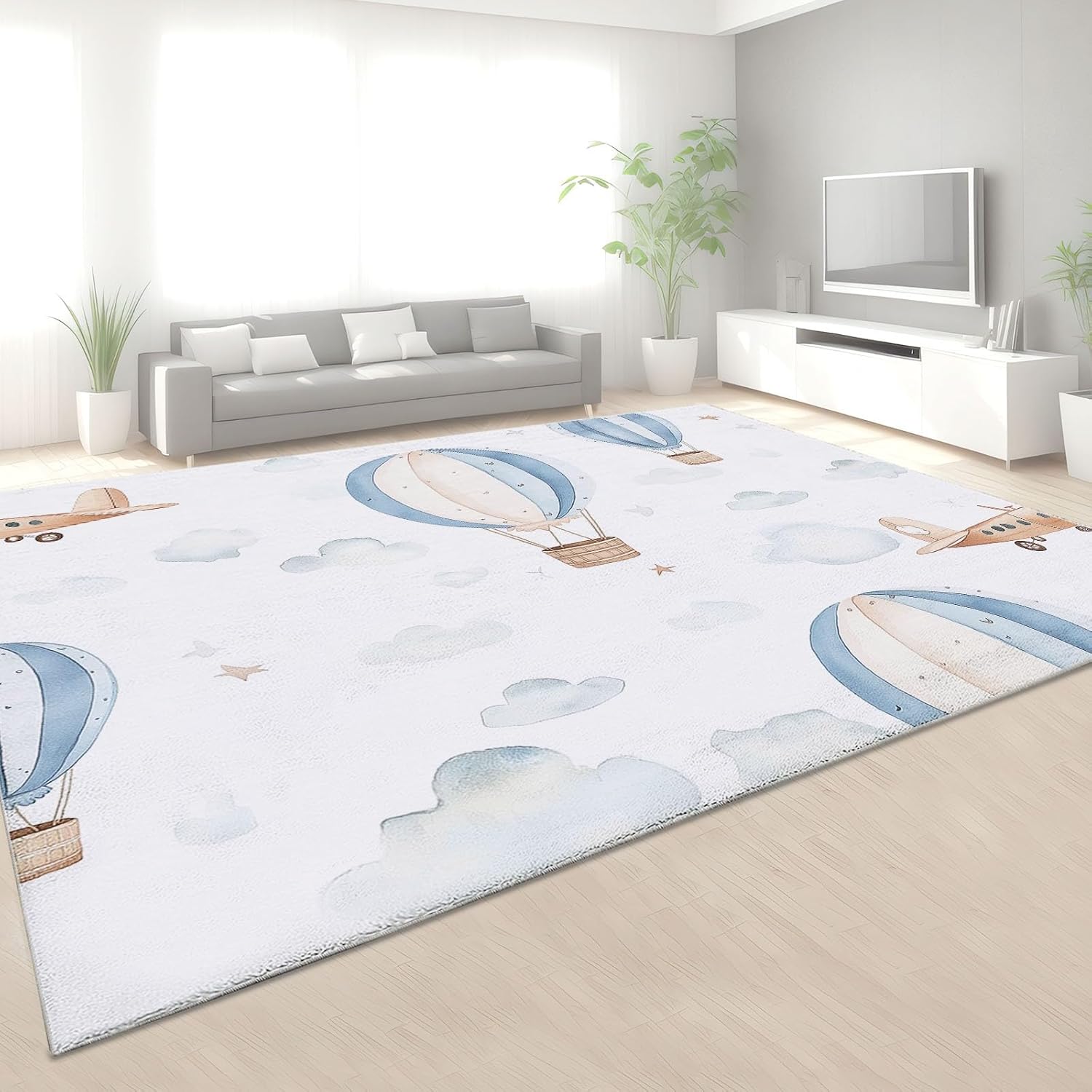 Watercolour Machine Washable Area Rug, Airplane and Hot Air Balloon Soft Area Rug - Non Slip Stain Resistant Low Pile Carpet with Non Slip Backing 4 x 6 ft for Living Room Bedroom Playroom