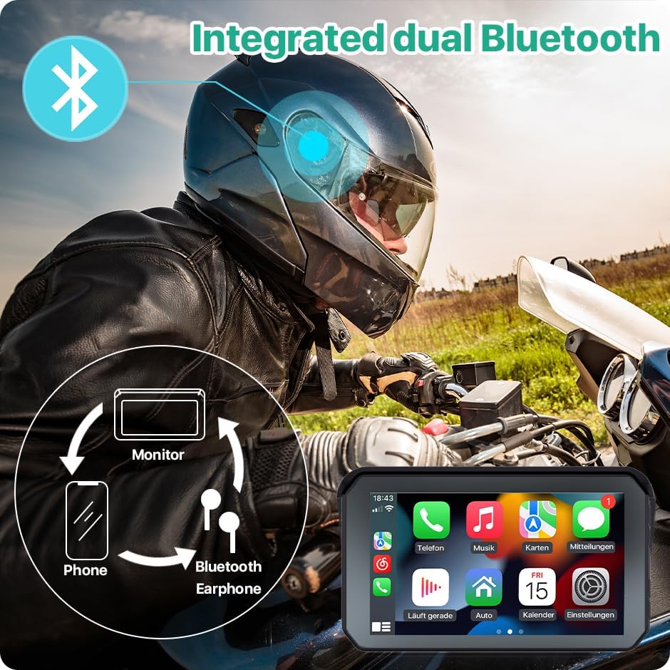 TTXSCAM MT01-A monitor mounted on a motorcycle handlebar, showing its position relative to the rider's view.