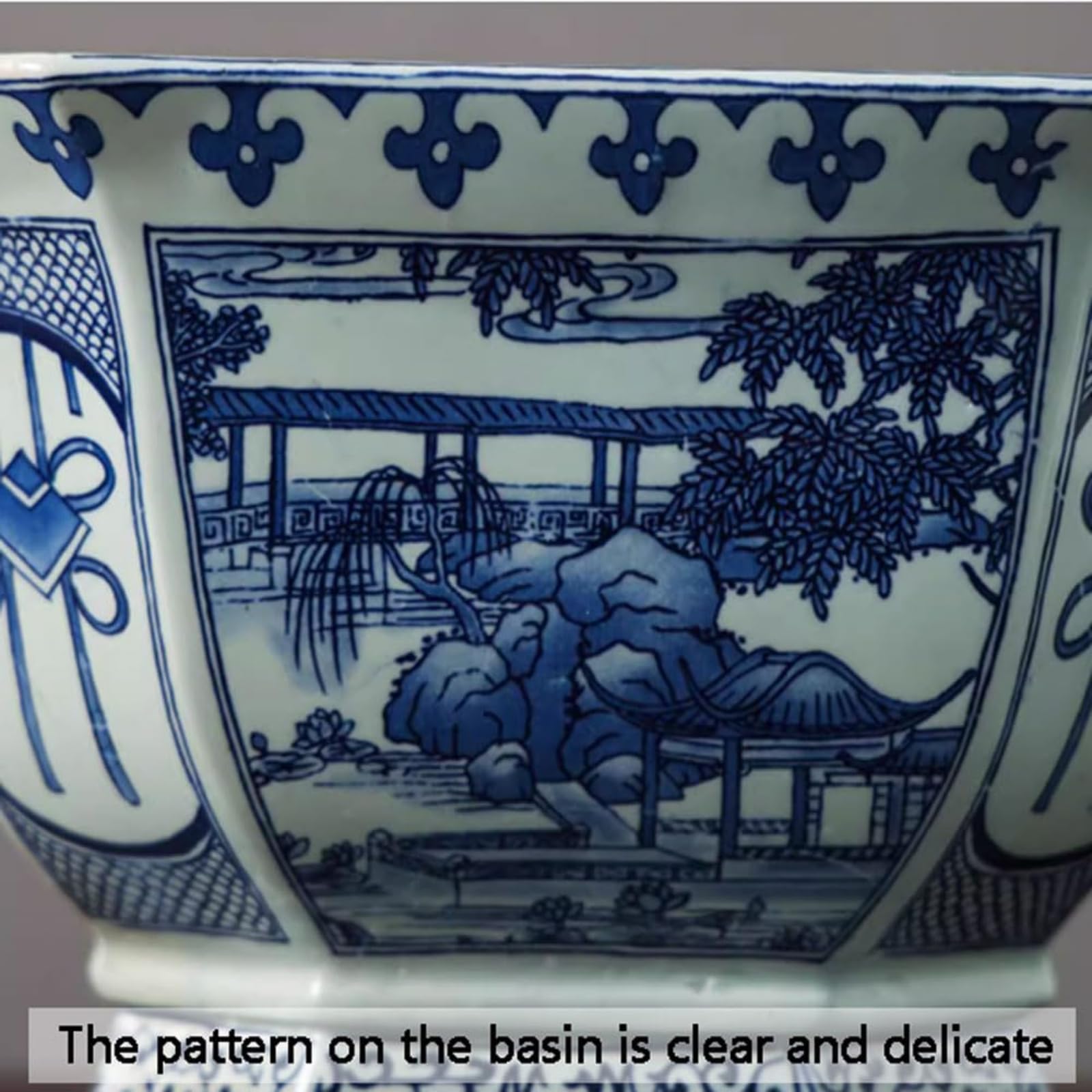 Niebiesko-biała porcelanowa sześciokątna doniczka ceramiczna z otworem drenażowym Blat zielone nasadzenia Kreatywna chińska doniczka wykonana przez Jingdezhen, 31 * 24 cm, jeden kolor 31 * 24 cm