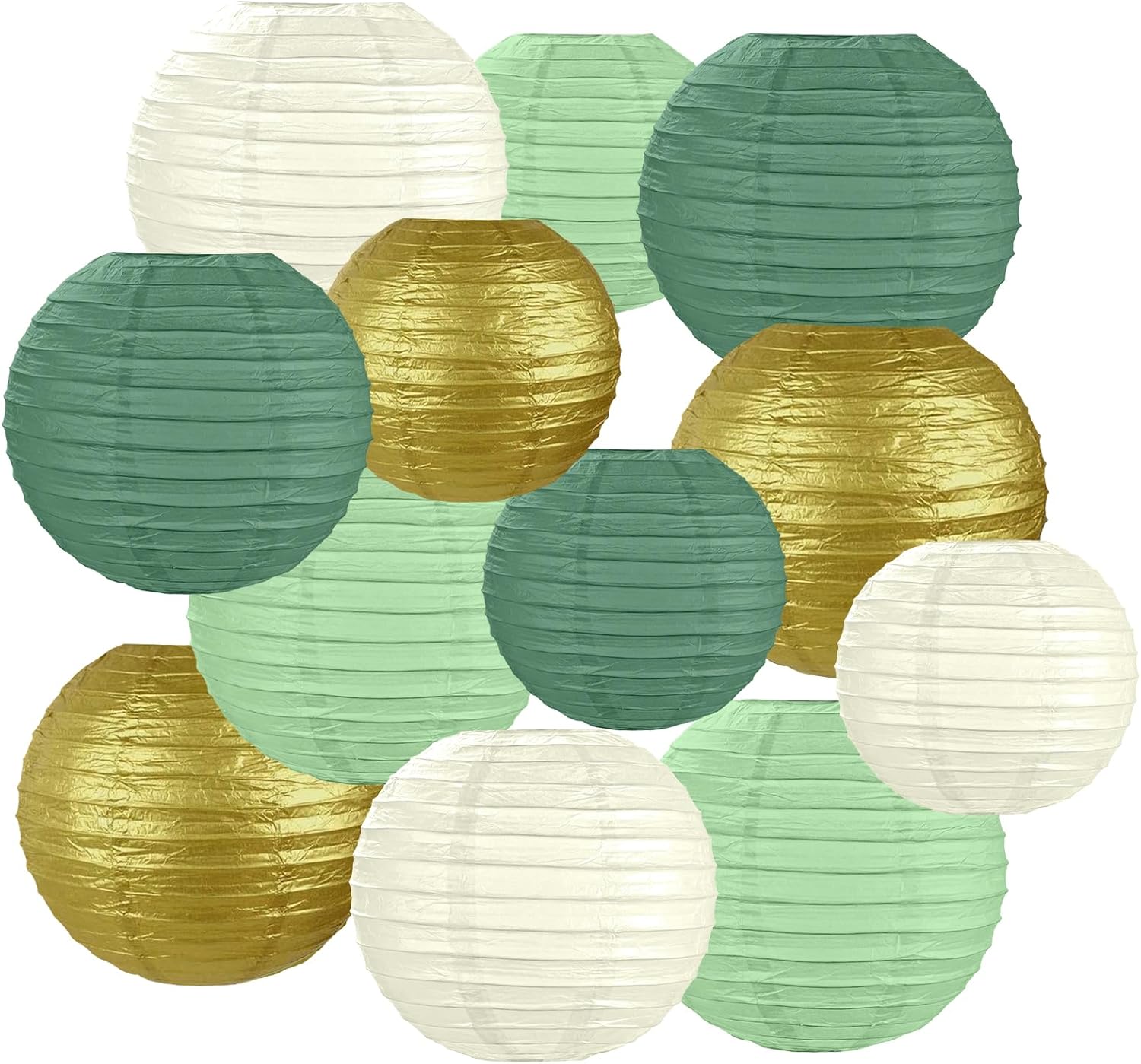 Paper Lanterns, 12Pcs Hanging Round Paper Lamps, Sized 6" 8" 10" Decorative Lamp Shades, Chinese Lanterns Decorations for Home Decor, Parties, Weddings, Festival (Gold, Ivory, Sage Green)