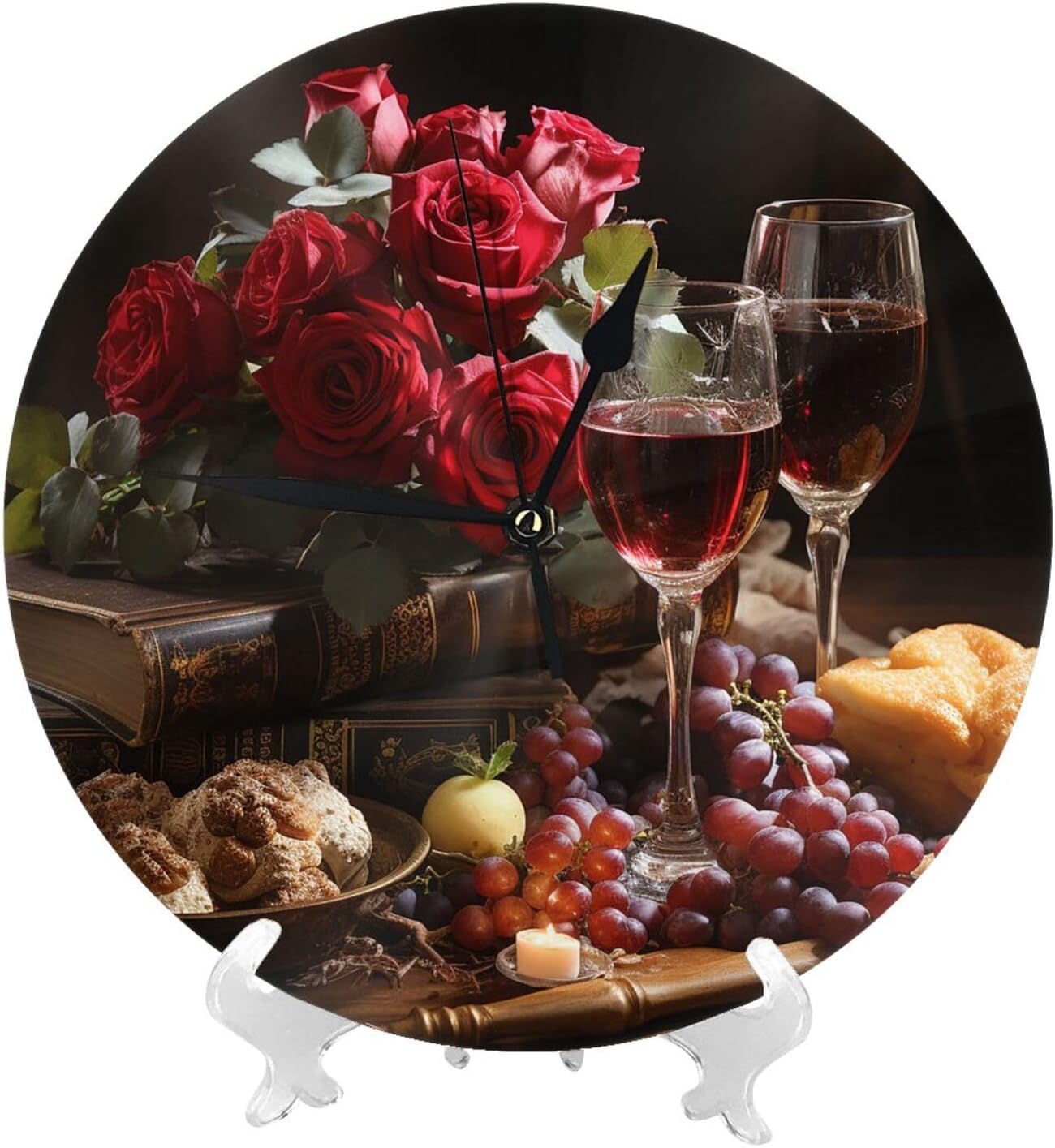 Red Roses and red Wine Wall Clock 10 Inch Battery Operated Silent Non-Ticking Round Classic Wall Clocks Decorative Small Analog Clock for Kitchen, Living Room, Office, Bathroom