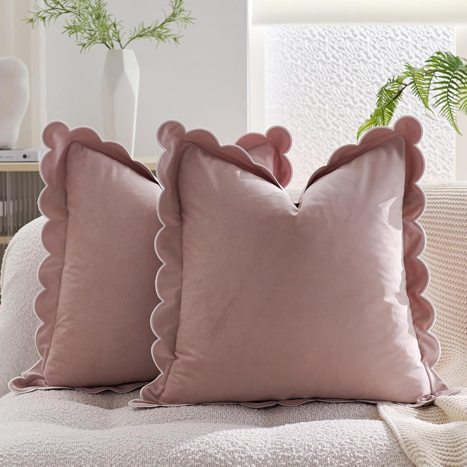 HOSTECCO Christmas Pillow Covers 18x18 Inch Set of 2 Red Holiday Throw Pillow Covers Scalloped Ruffle Velvet Couch Pillows for Living Room