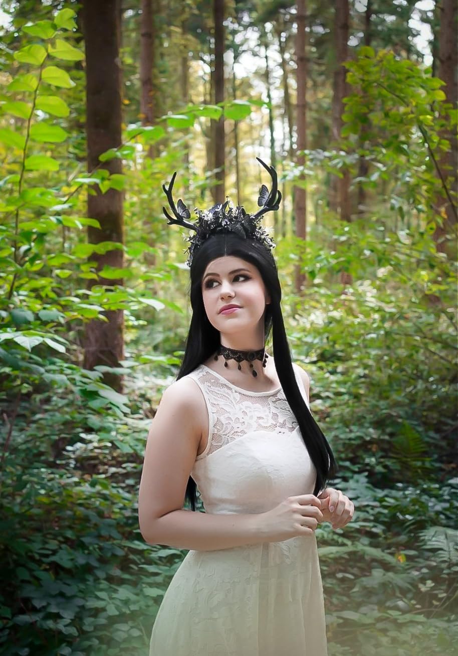 MOSTORY Handmade Black Deer Antlers Headband Gothic Reindeer Horns Elf Crown Dark Woodland Butterfly Headpiece for Women Girls Renaissance Halloween Cosplay Goth Wedding Party - Image 4