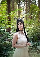 Vista 4 de MOSTORY Diadema hecha a mano con cuernos de ciervo negro, corona de elfo gótico, corona de elfo, bosque oscuro, mariposa, para mujeres y niñas