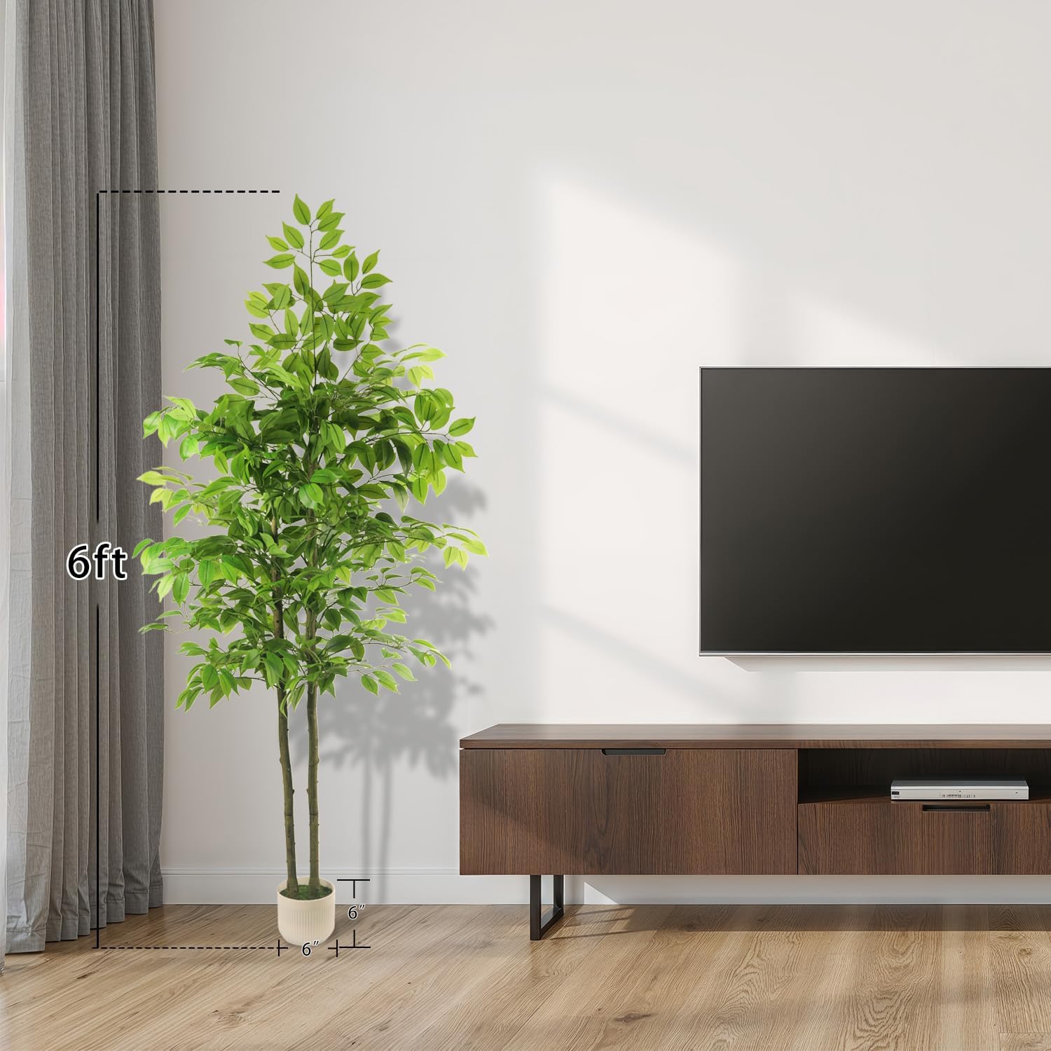 Artificial Ficus Tree 6FT Tall, Artificial Plants Indoor with White Planter Faux Ficus Tree Realistic Faux Silk Plant for Home Office Living Room, Porch, Garden Decor - Image 3
